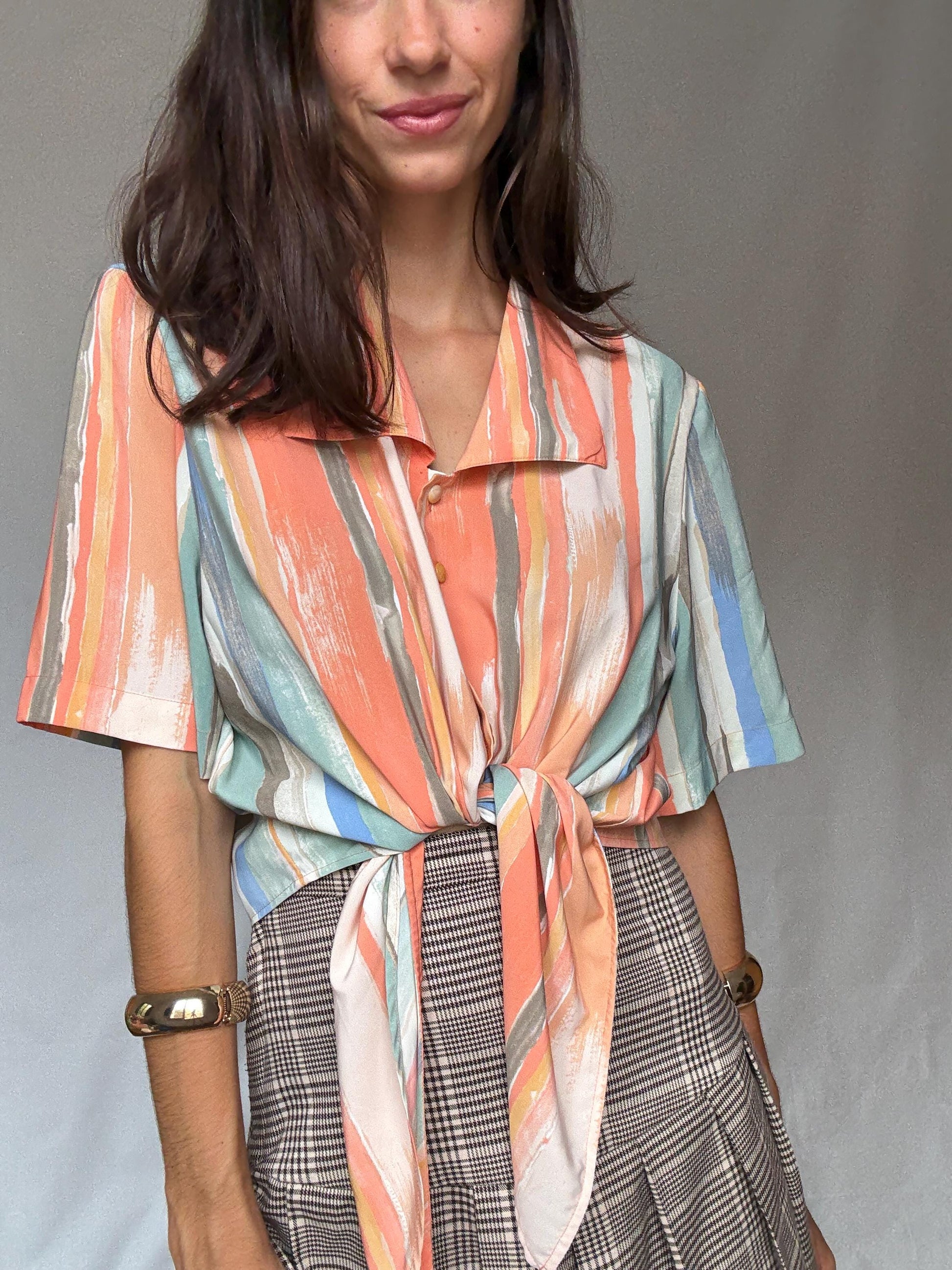 Vibrant Vintage Short-Sleeve Button Front Blouse Italy-Made Art Deco Pastel Stripe Indie Sleaze Style for Retro Wardrobe