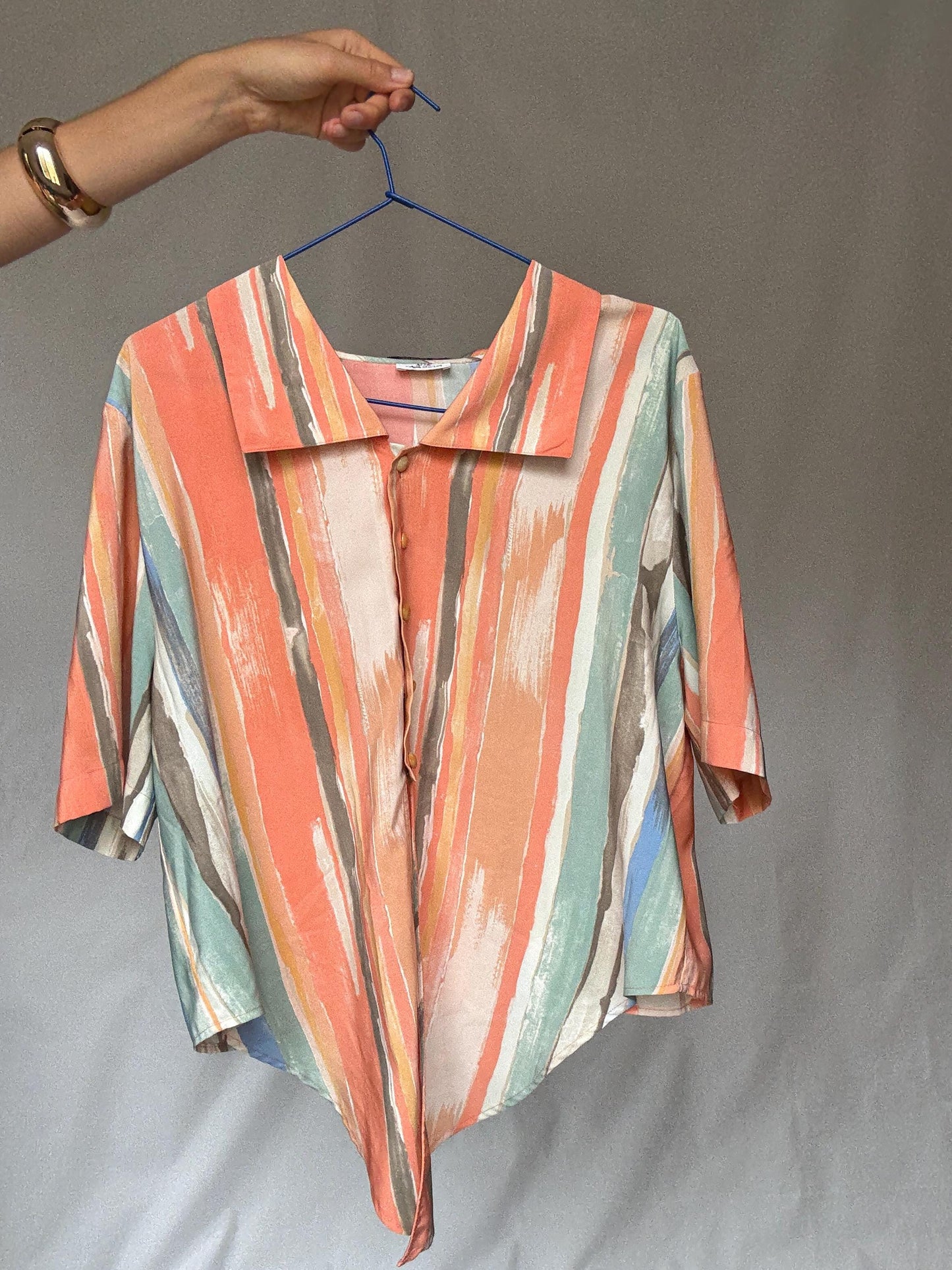 Vibrant Vintage Short-Sleeve Button Front Blouse Italy-Made Art Deco Pastel Stripe Indie Sleaze Style for Retro Wardrobe