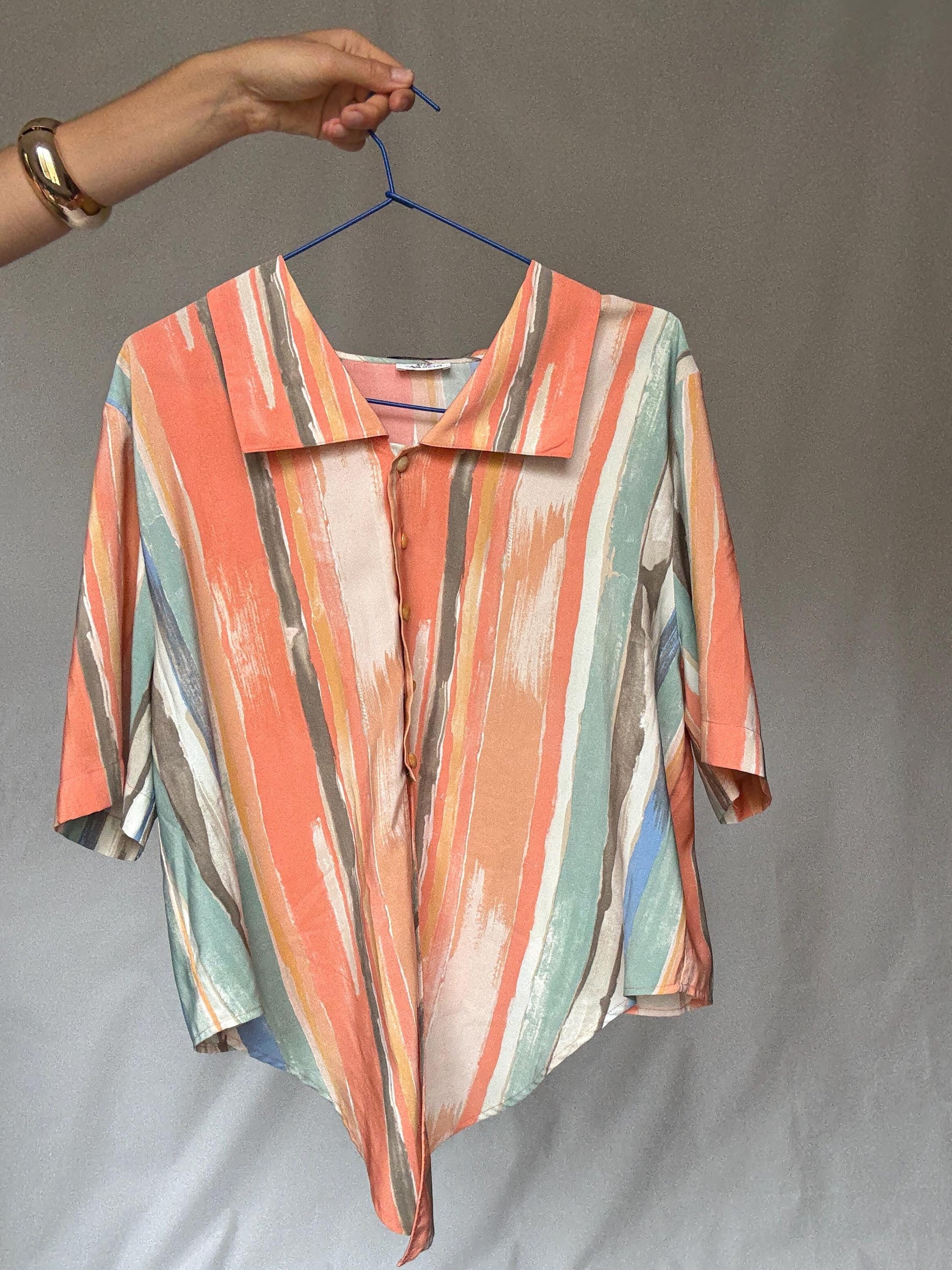 Vibrant Vintage Short-Sleeve Button Front Blouse Italy-Made Art Deco Pastel Stripe Indie Sleaze Style for Retro Wardrobe