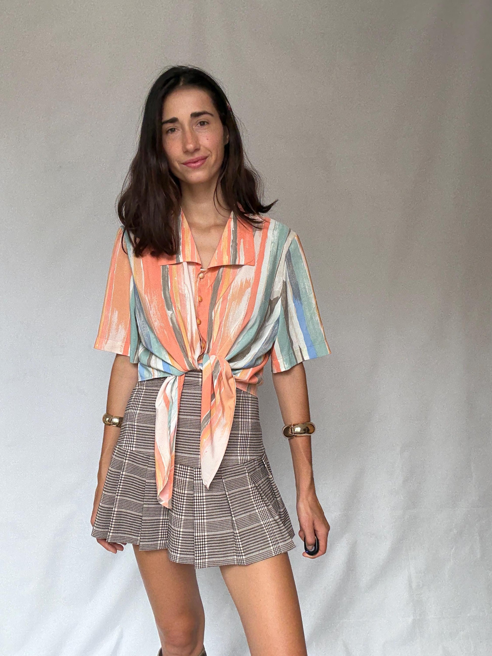 Vibrant Vintage Short-Sleeve Button Front Blouse Italy-Made Art Deco Pastel Stripe Indie Sleaze Style for Retro Wardrobe