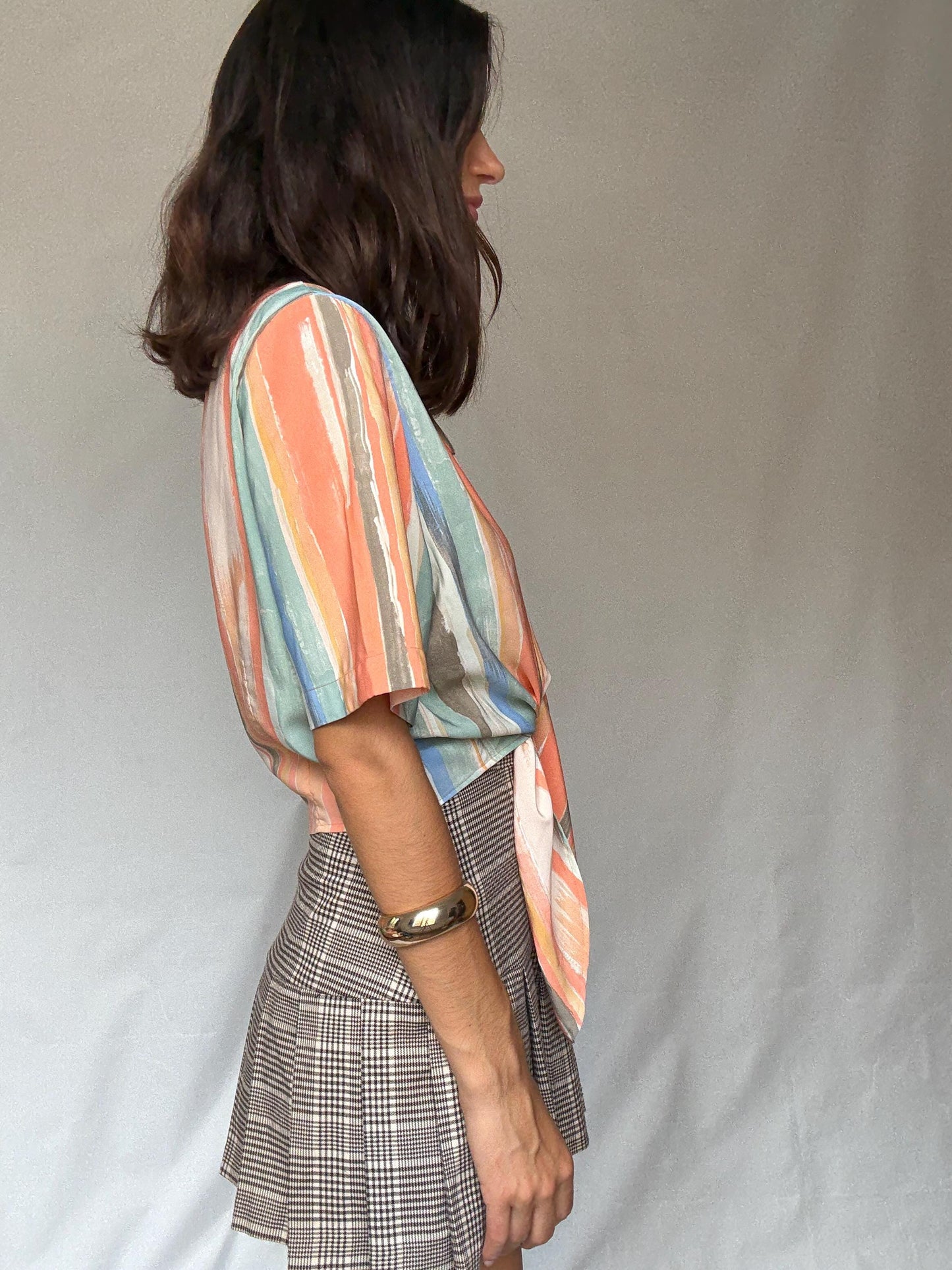 Vibrant Vintage Short-Sleeve Button Front Blouse Italy-Made Art Deco Pastel Stripe Indie Sleaze Style for Retro Wardrobe