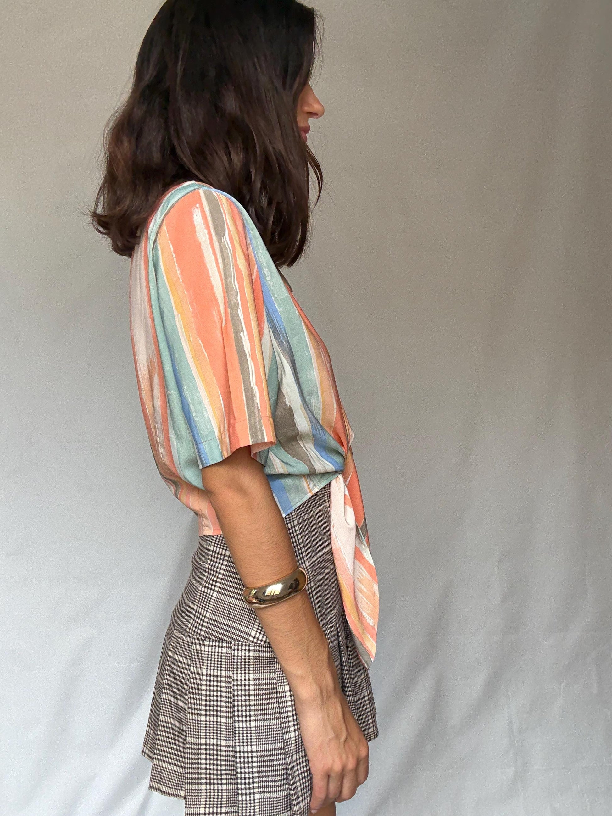 Vibrant Vintage Short-Sleeve Button Front Blouse Italy-Made Art Deco Pastel Stripe Indie Sleaze Style for Retro Wardrobe