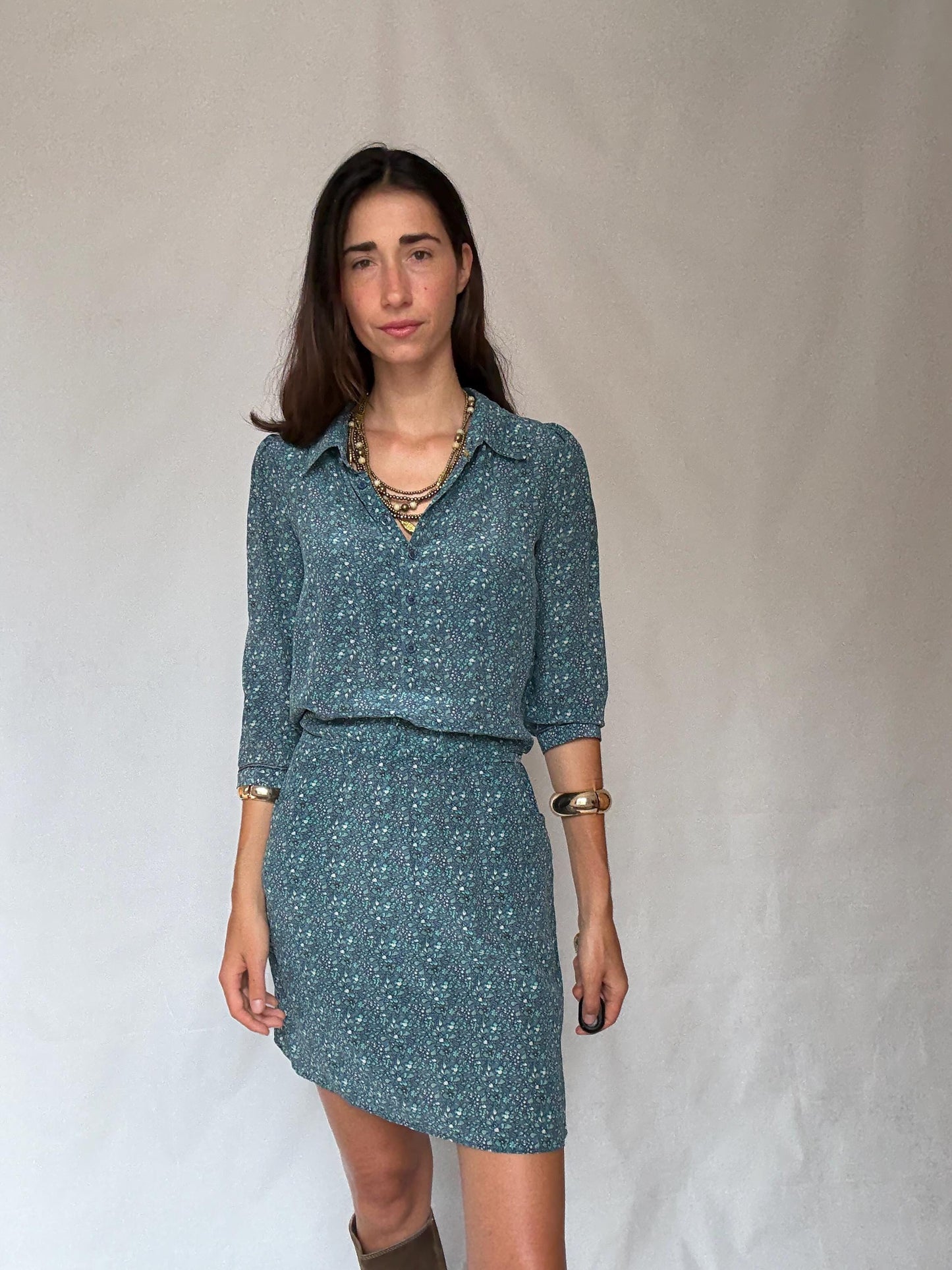 Silk Essential Antwerp blue floral mini dress – size 38m simple and elegant flower print summer shirtdress