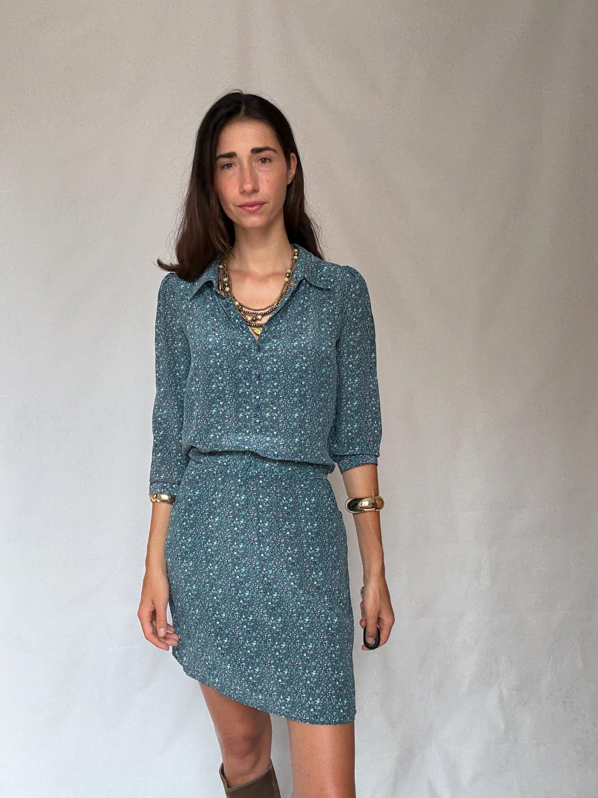 Silk Essential Antwerp blue floral mini dress – size 38m simple and elegant flower print summer shirtdress