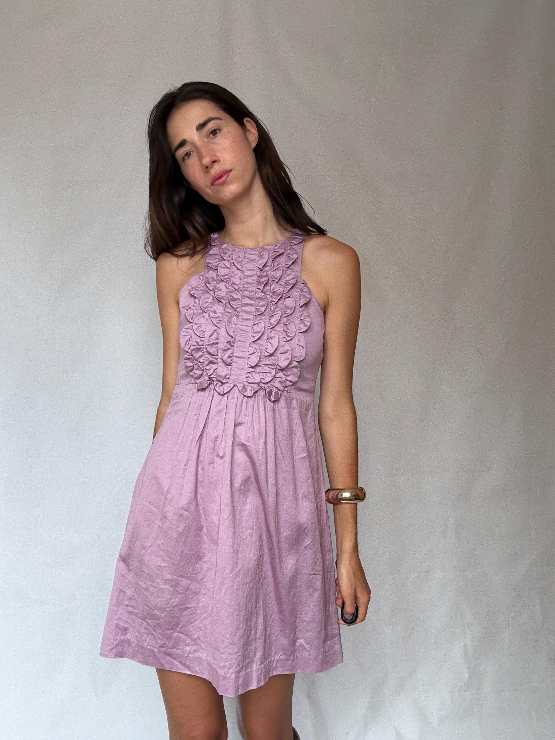 Gorgeous pink ruffle front mini dress, Spanish designer label Hoss Intropia summer outfit, Chic pastel pink wedding guest dress, size 38