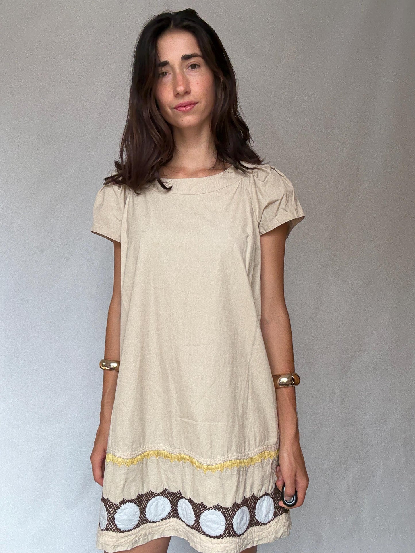 Simple and playful short woman dress, Beige Hoss Intropia beige cotton-silk summer mini dress – size 42 -M - L