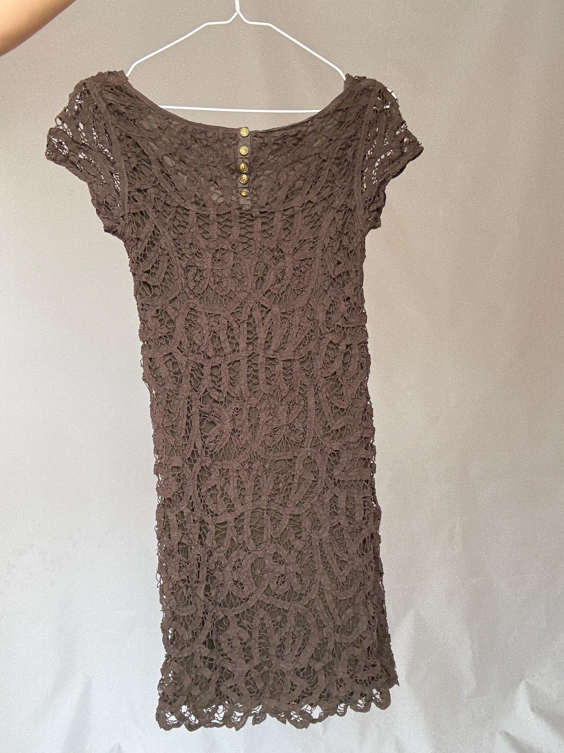 Brown lace mini dress – sheer crochet overlay – Sexy women’s party dress (S fit)