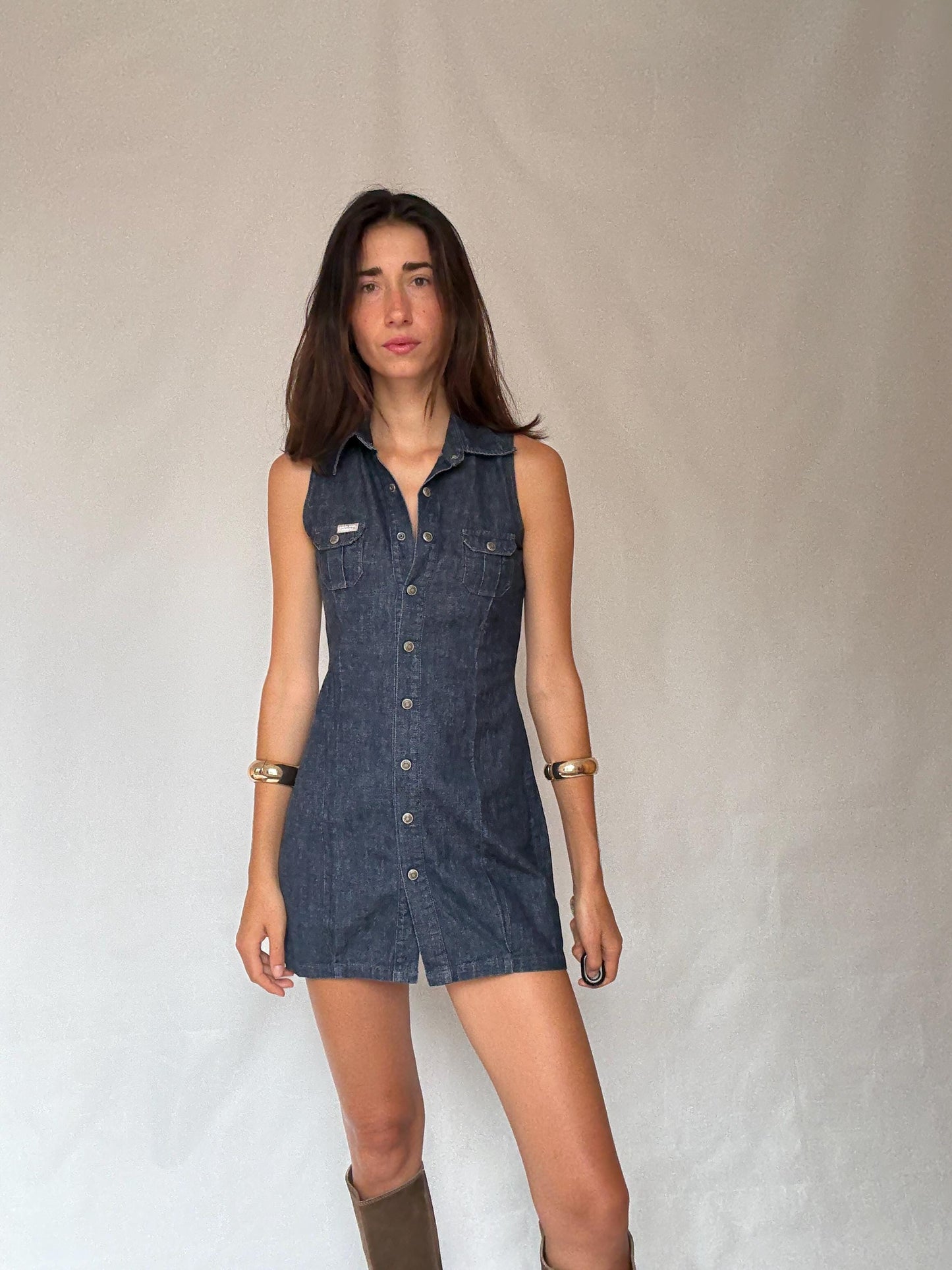 Pepe Jeans London denim mini dress – sleeveless button-up cotton dress – size S