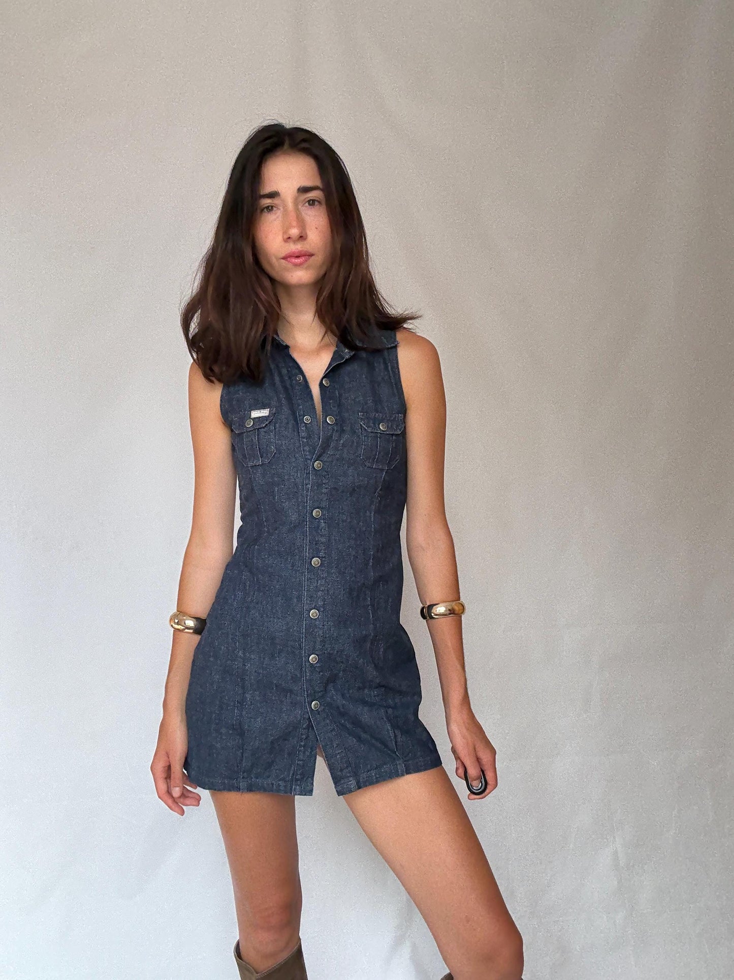 Pepe Jeans London denim mini dress – sleeveless button-up cotton dress – size S