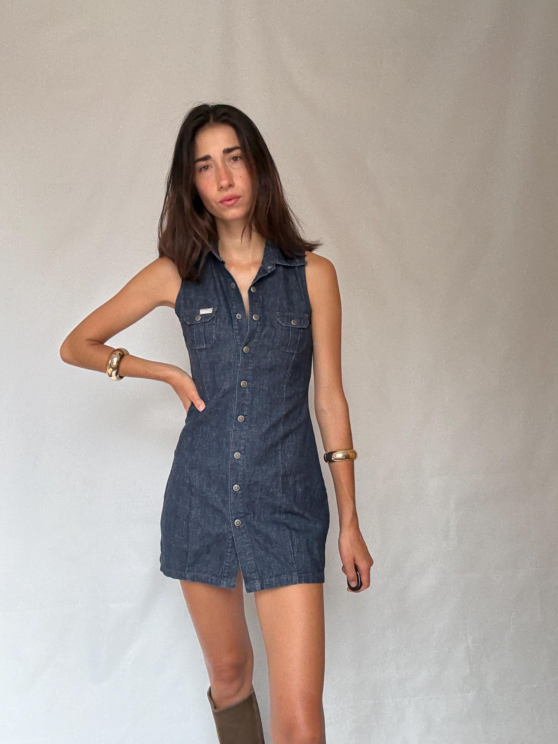 Pepe Jeans London denim mini dress – sleeveless button-up cotton dress – size S