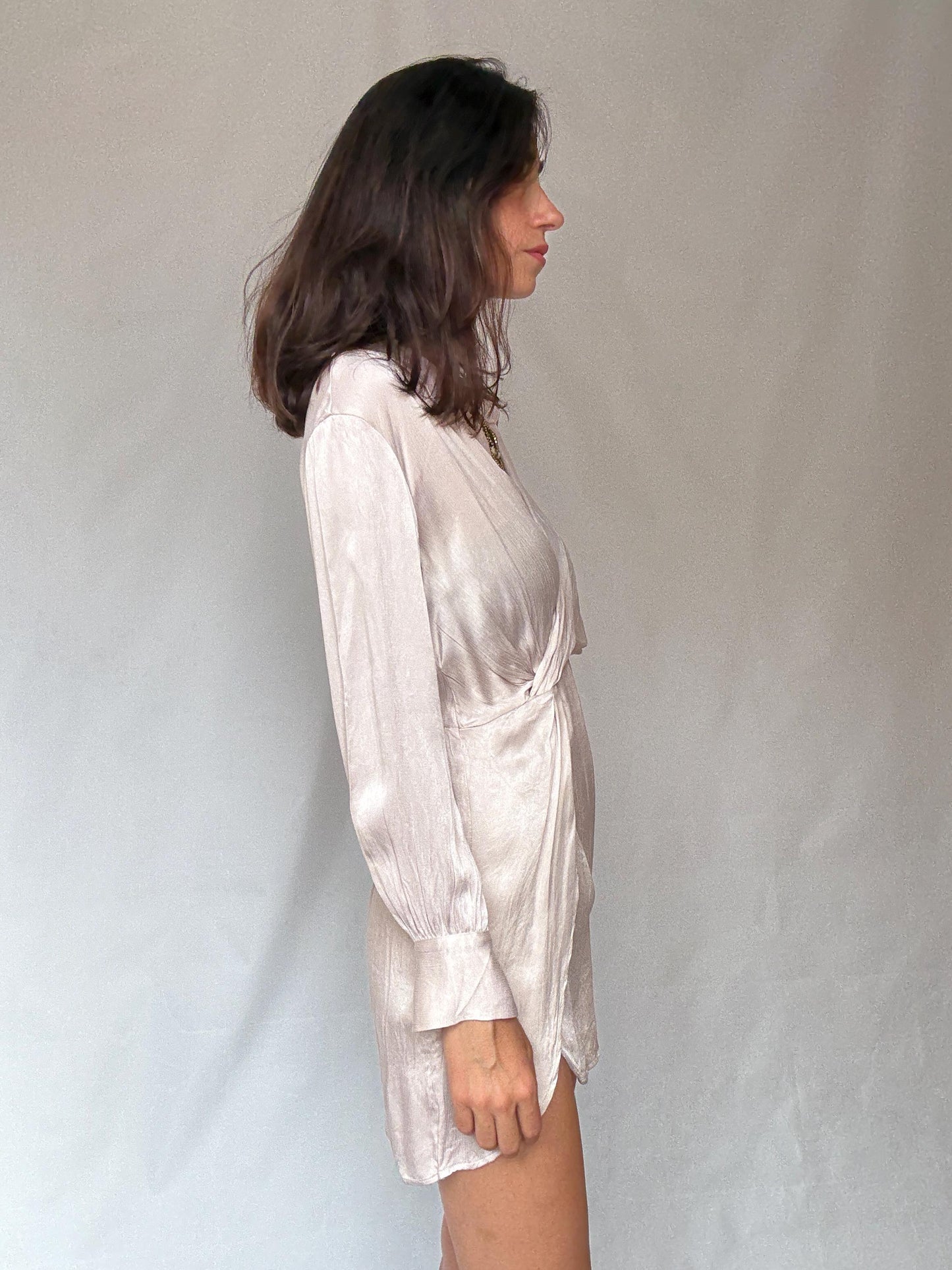 Champagne Satin Wrap Mini Dress — fabric close-up