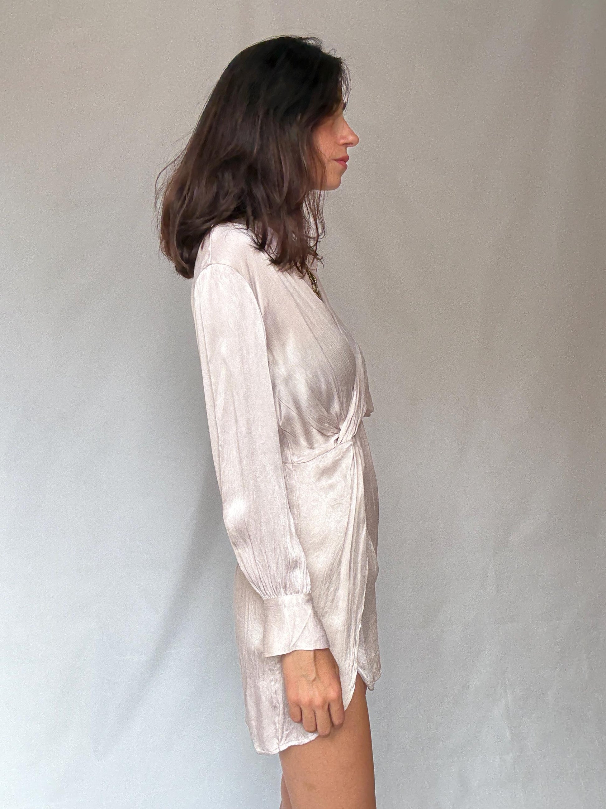 Champagne Satin Wrap Mini Dress — fabric close-up