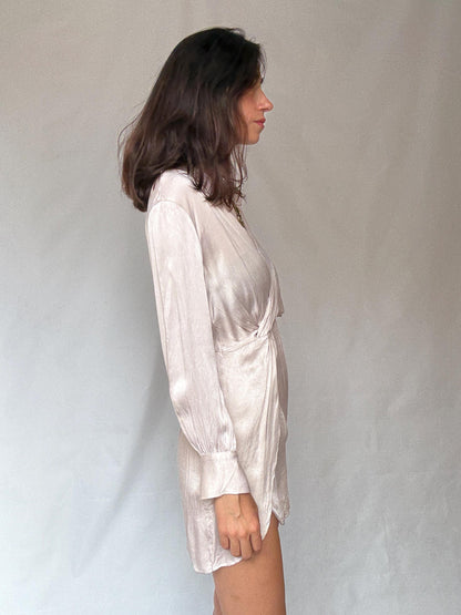 Champagne Satin Wrap Mini Dress — fabric close-up