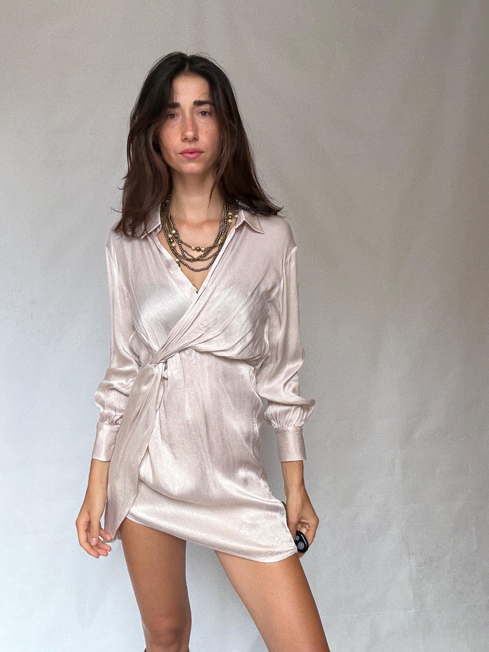 Champagne Satin Wrap Mini Dress — detail