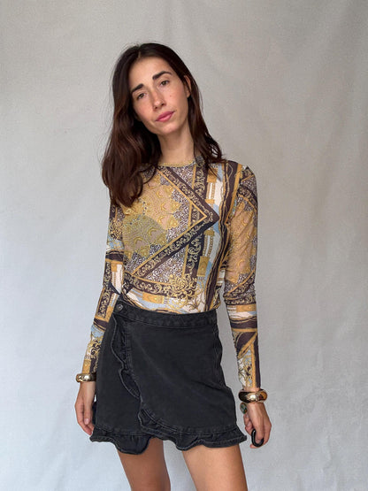 Sheer Baroque Print Mesh Women’s Top