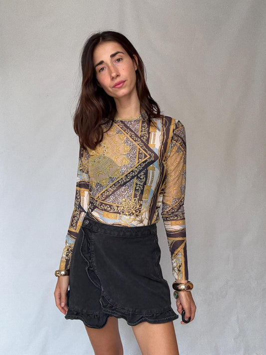 Y2K sheer baroque print mesh long sleeve women’s top – gold black blue vintage style (US S-M fit)