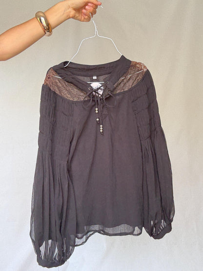 Elegant Black Sheer Blouse with Lace Details for a Gothic Romantic Style