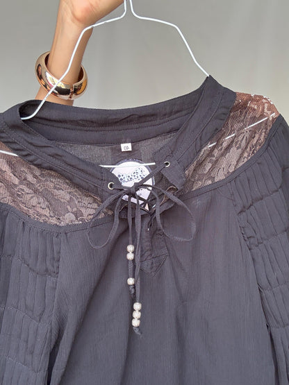 Elegant Black Sheer Blouse with Lace Details for a Gothic Romantic Style