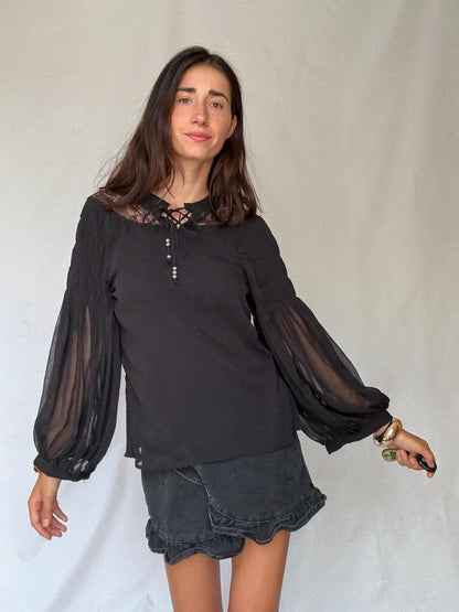 Elegant Black Sheer Blouse with Lace Details for a Gothic Romantic Style