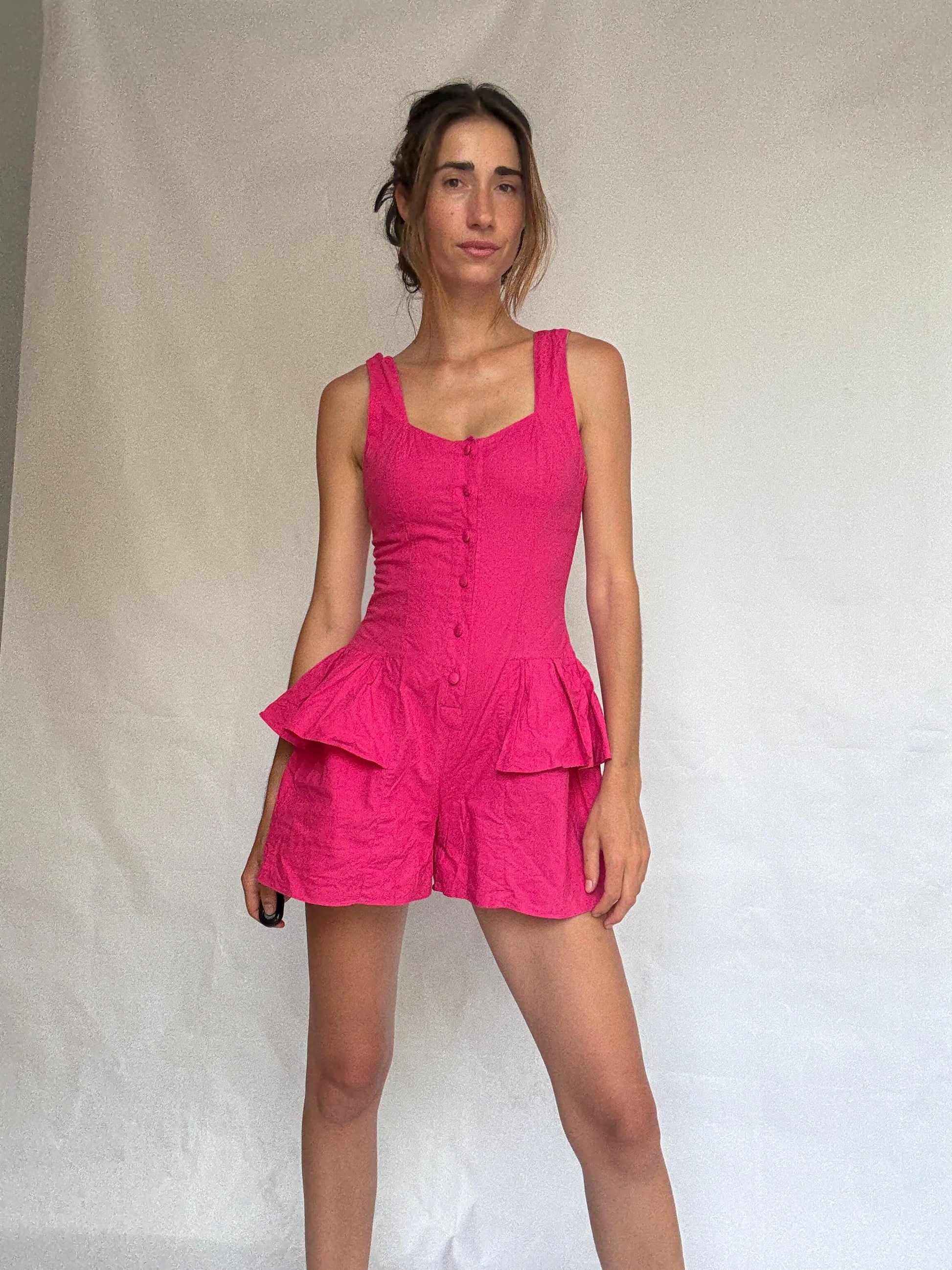 Vintage vibrant pink cotton jumpsuit – rare 80s/90s design – size M (fits S)