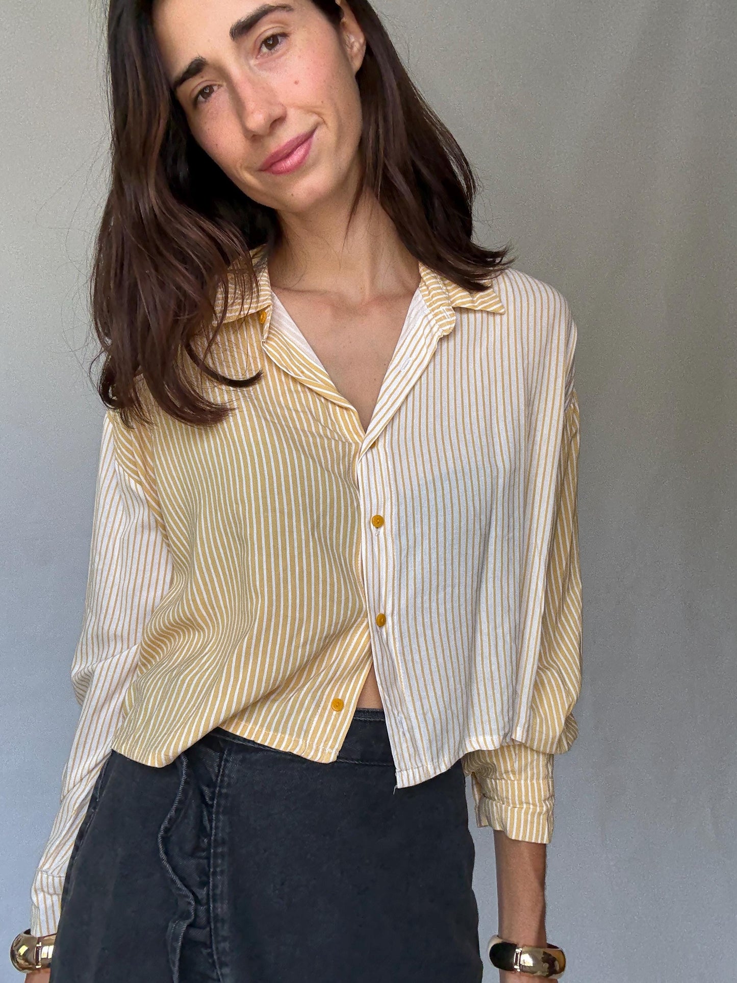 Vintage Inspired Cotton Striped Shirt in Light Academic Style - Flattering Small US Size with Button-Down Front