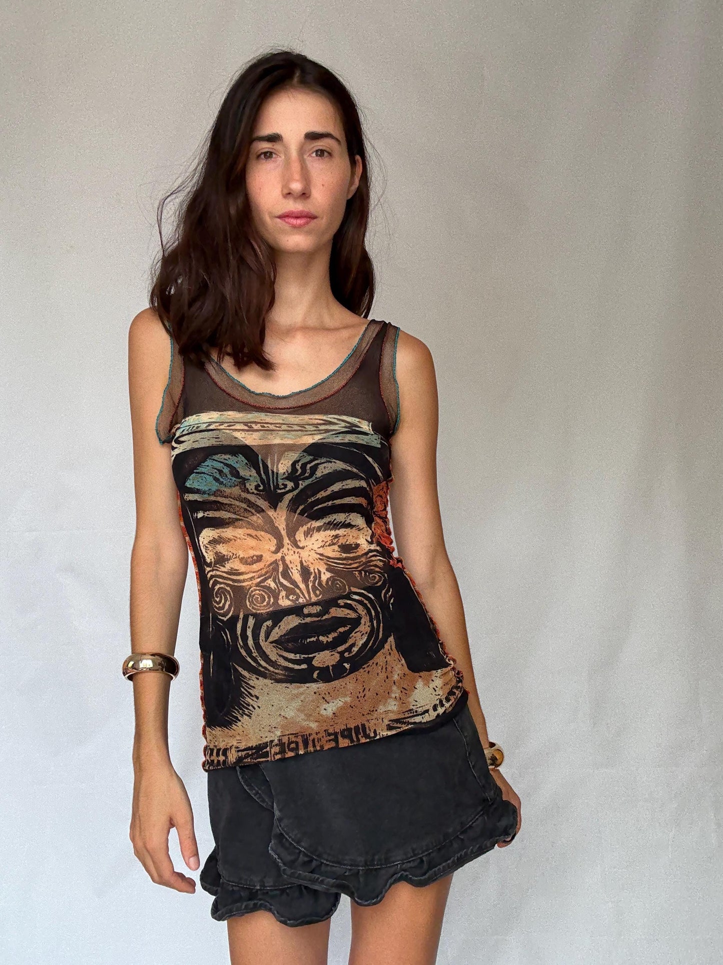 Rare and collectible Jean Paul Gaultier mesh camisole, from the Classique Paris line, made in Italy.