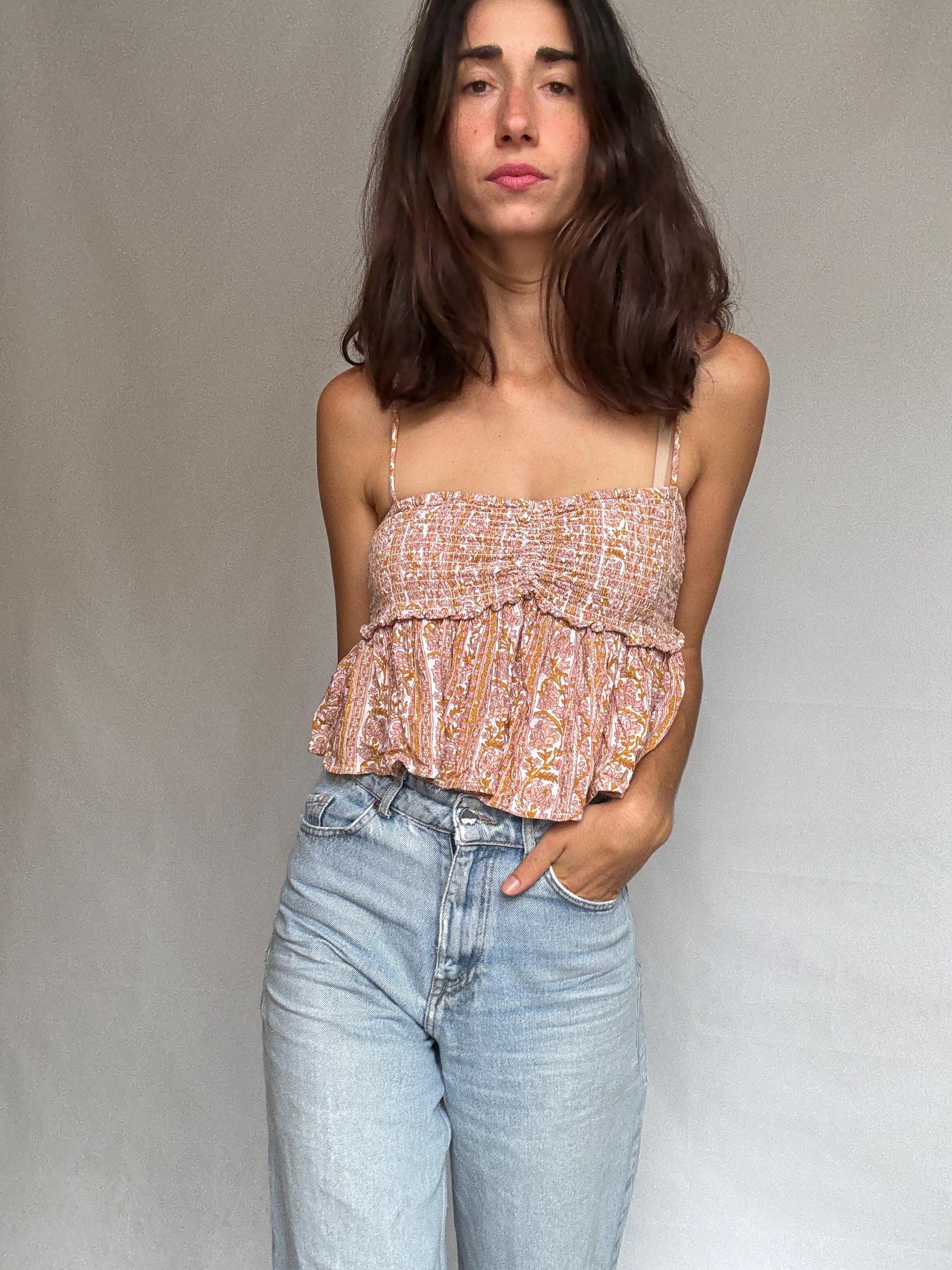 Boho crop top, shirred bodice tank, peplum hem, bohemian sky ferreira, US XS - S, street festival vibe woman clothing