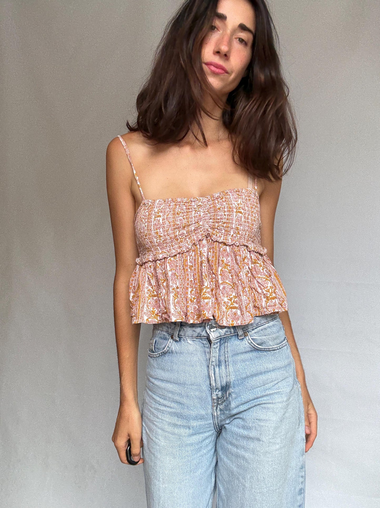 Boho crop top, shirred bodice tank, peplum hem, bohemian sky ferreira, US XS - S, street festival vibe woman clothing
