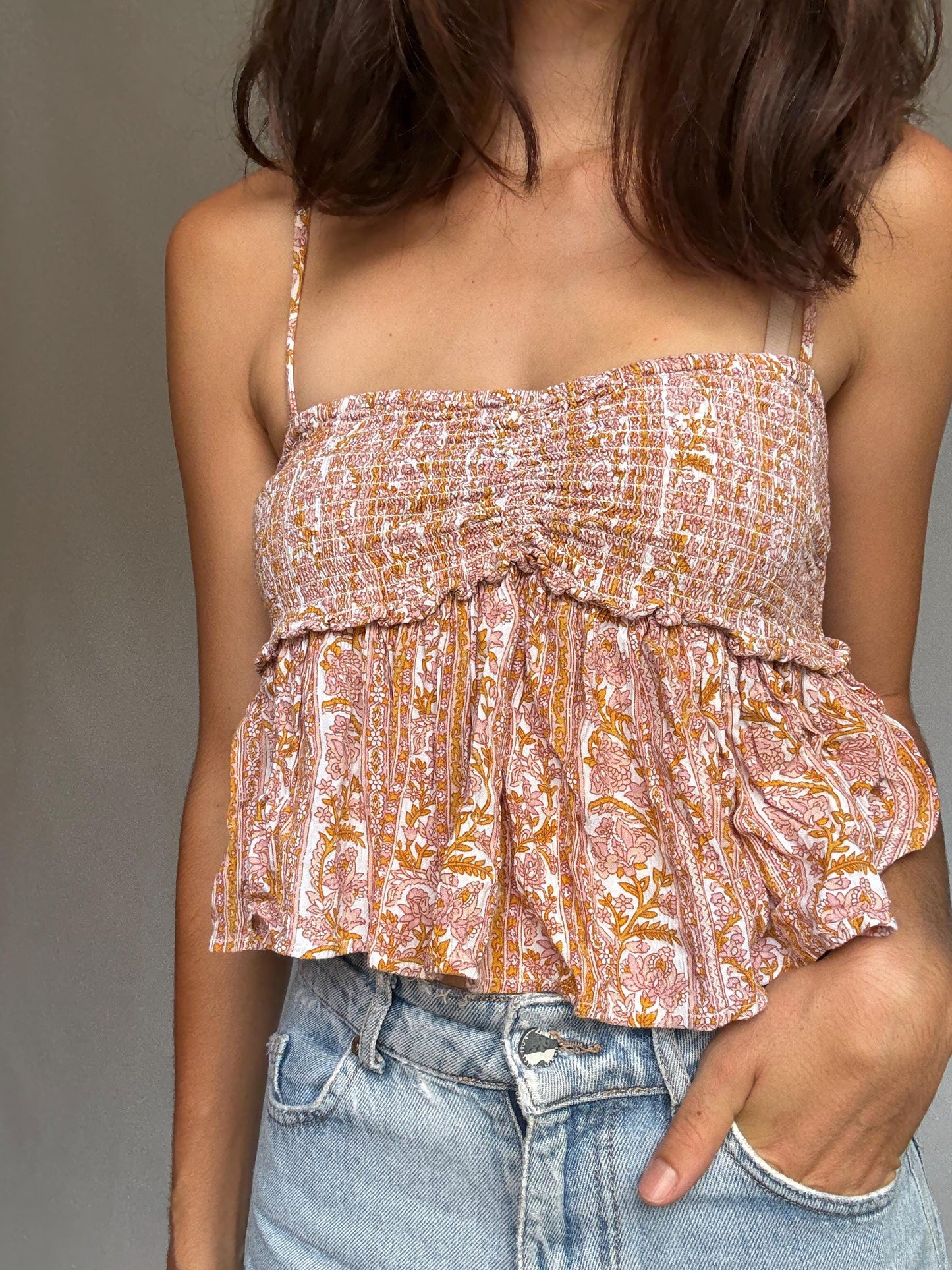 Boho crop top, shirred bodice tank, peplum hem, bohemian sky ferreira, US XS - S, street festival vibe woman clothing