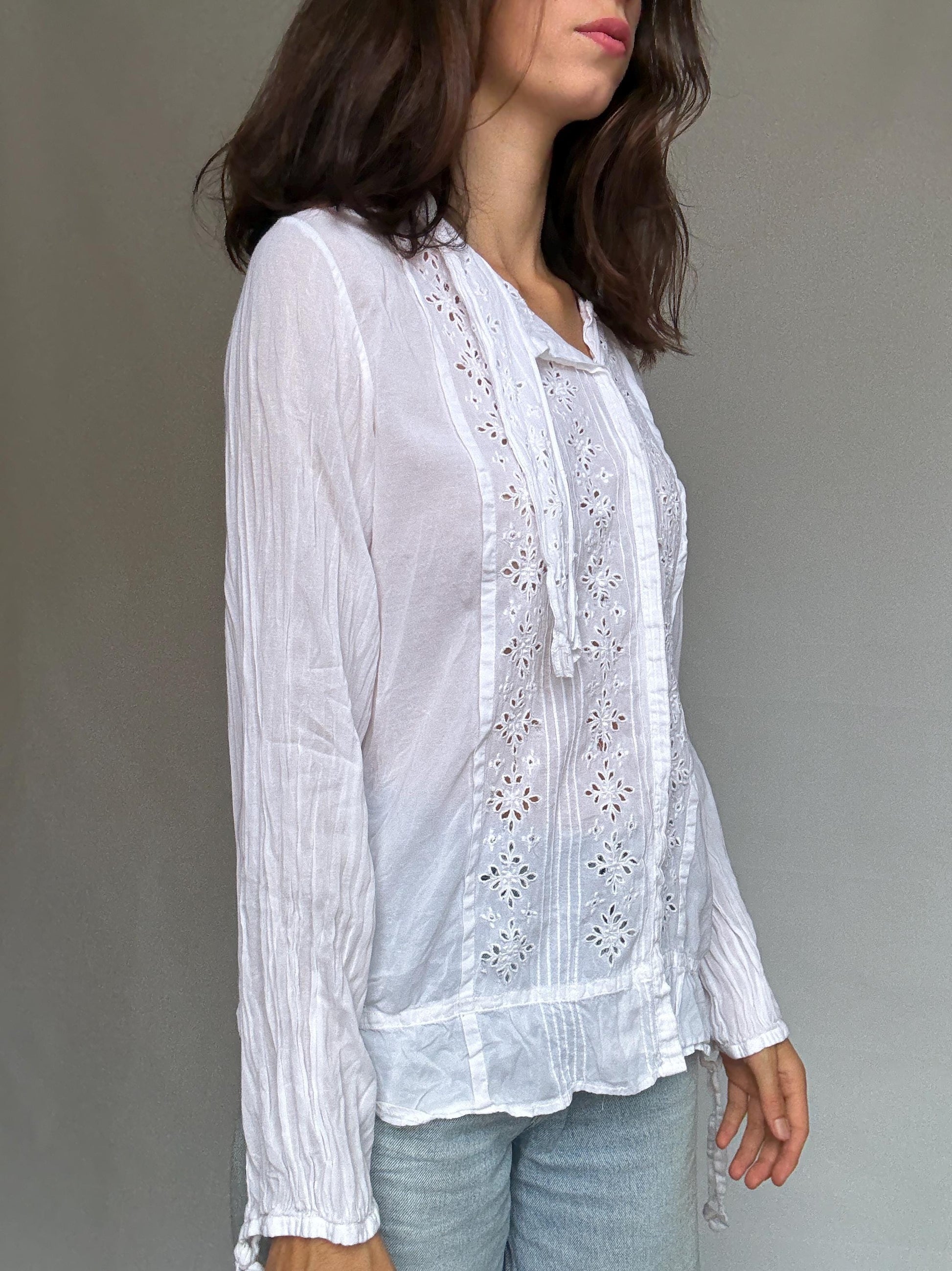 Malene Birger white blouse, cotton blend, relaxed fit, floral eyelet embroidery, tie, neck feature, romantic Florence Welch, US L