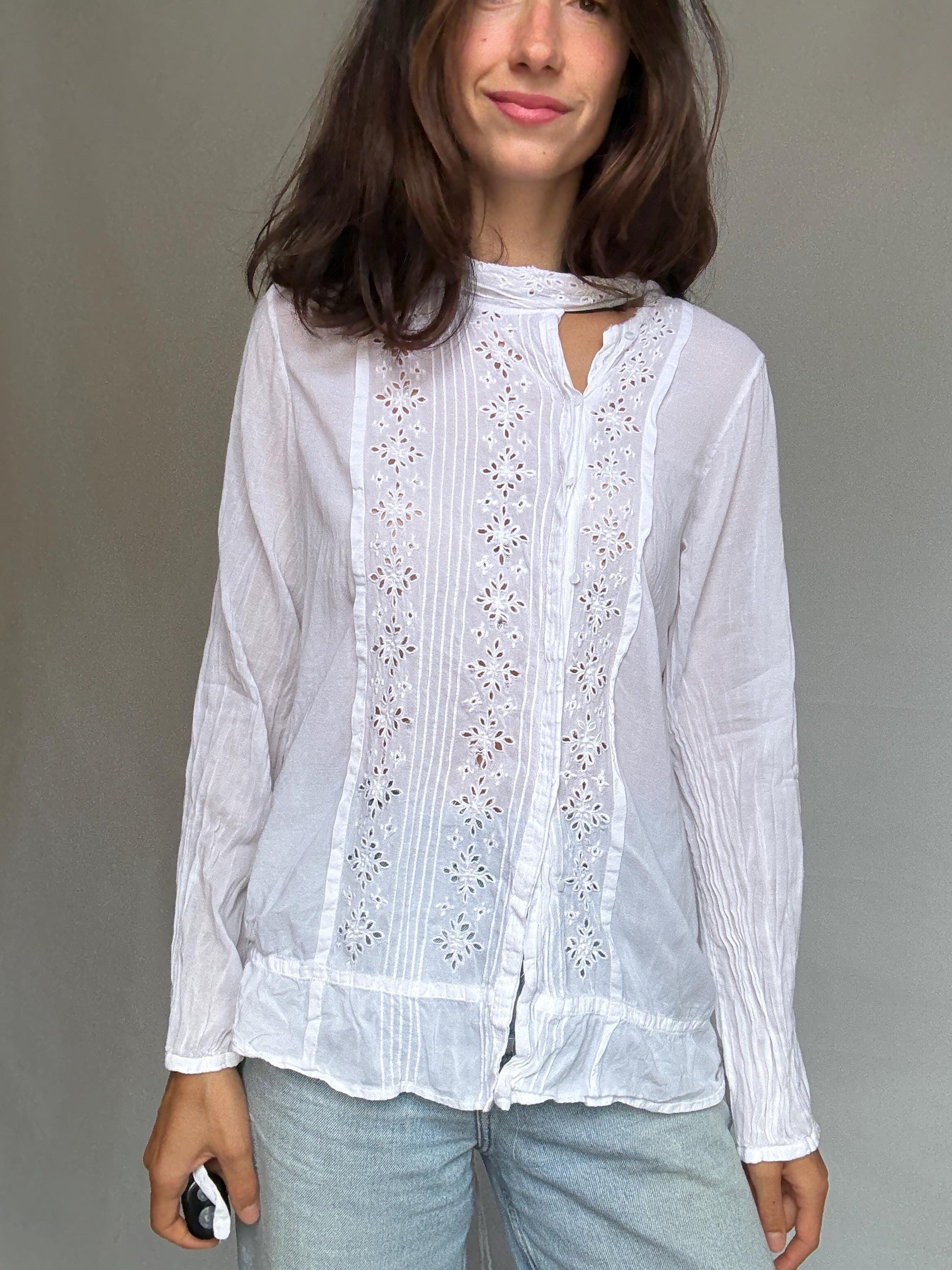 Malene Birger white blouse, cotton blend, relaxed fit, floral eyelet embroidery, tie, neck feature, romantic Florence Welch, US L