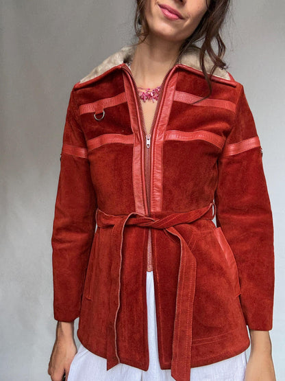 Suede Shearling Coat With Wool Lining — fabric close-up