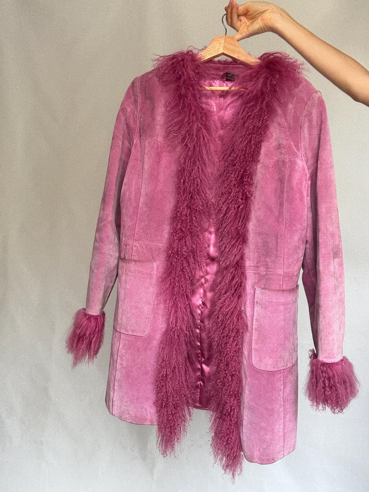Vintage pink suede shearling coat, genuine leather, long silhouette, shaggy fur trim, retro 70s bold style, US XL, statement piece