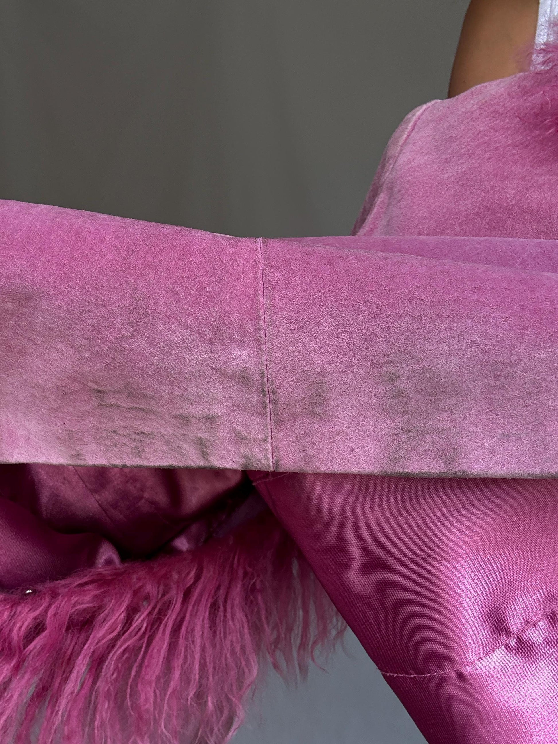 Vintage pink suede shearling coat, genuine leather, long silhouette, shaggy fur trim, retro 70s bold style, US XL, statement piece