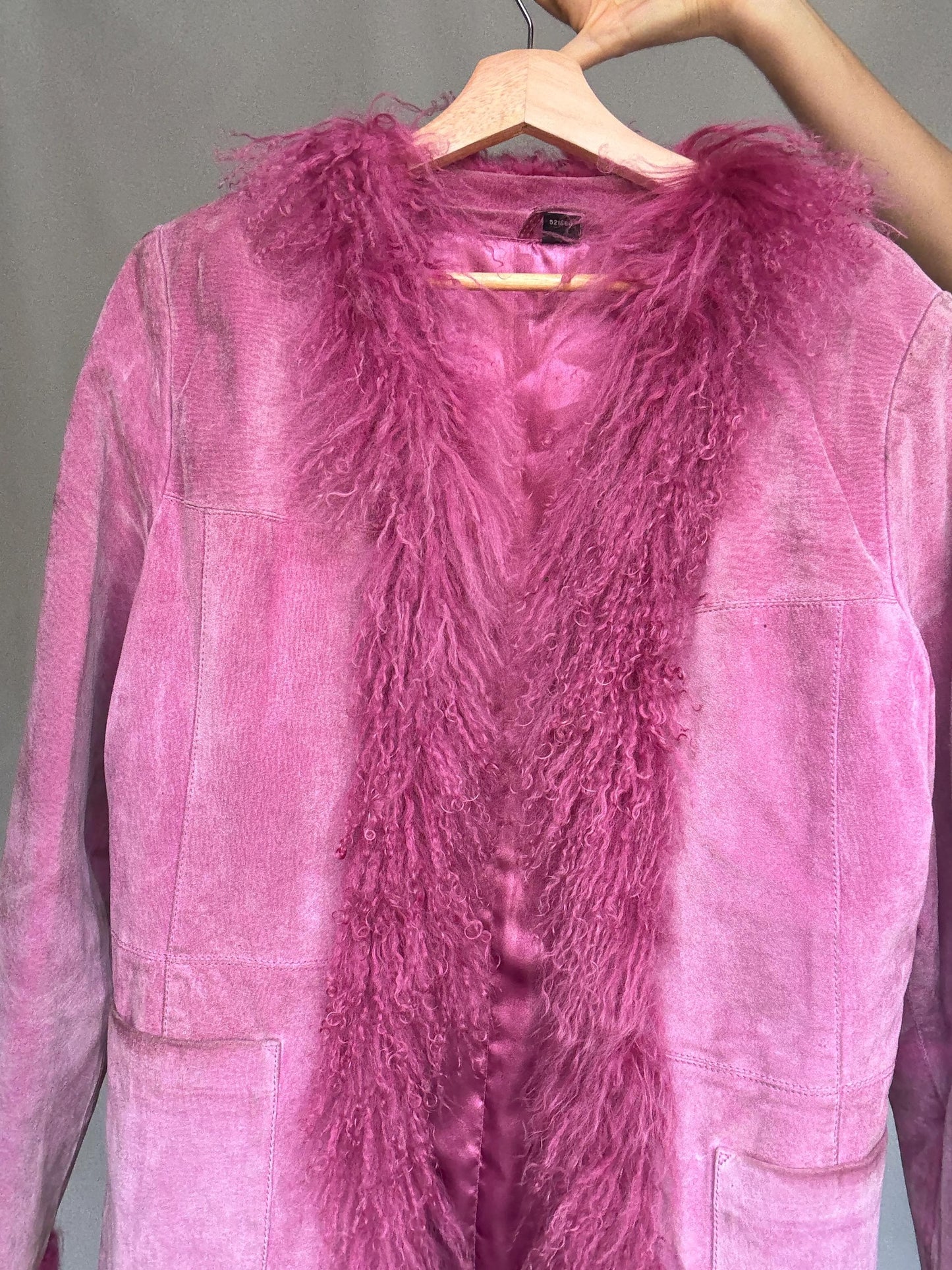 Vintage pink suede shearling coat, genuine leather, long silhouette, shaggy fur trim, retro 70s bold style, US XL, statement piece