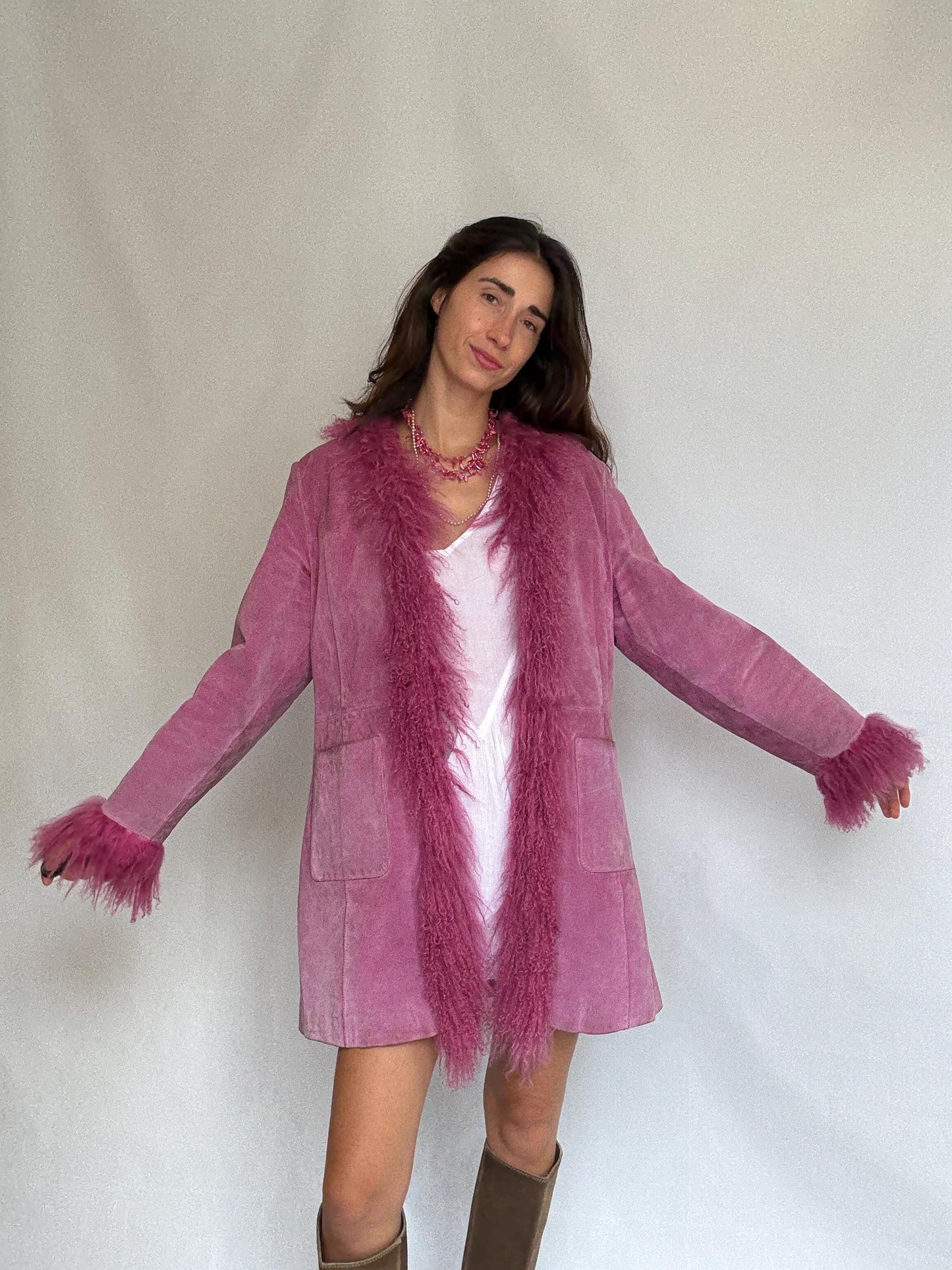 Vintage pink suede shearling coat, genuine leather, long silhouette, shaggy fur trim, retro 70s bold style, US XL, statement piece