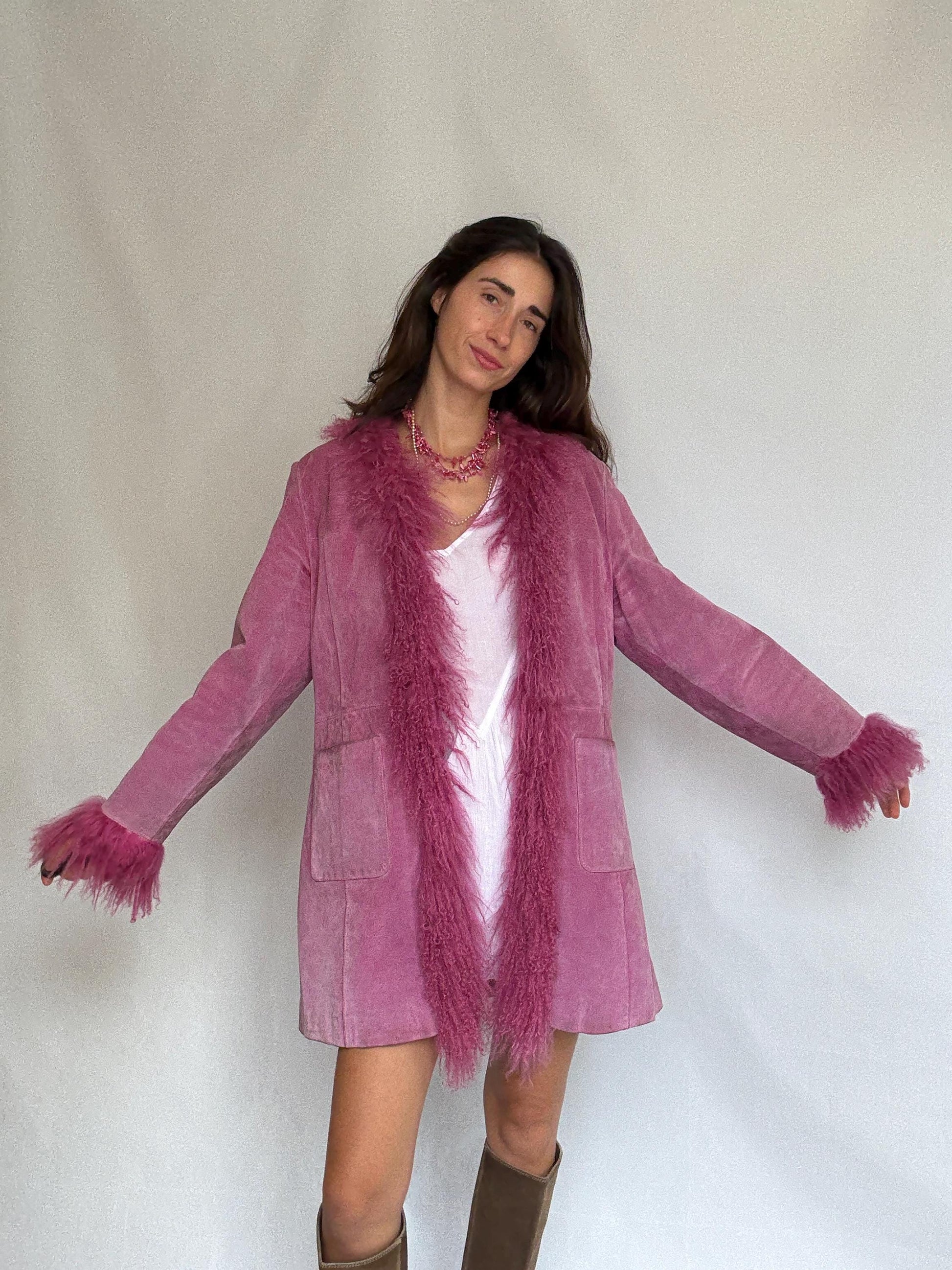 Vintage pink suede shearling coat, genuine leather, long silhouette, shaggy fur trim, retro 70s bold style, US XL, statement piece