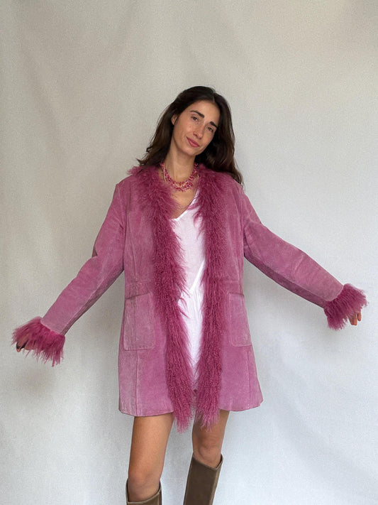 Vintage pink suede shearling coat, genuine leather, long silhouette, shaggy fur trim, retro 70s bold style, US XL, statement piece