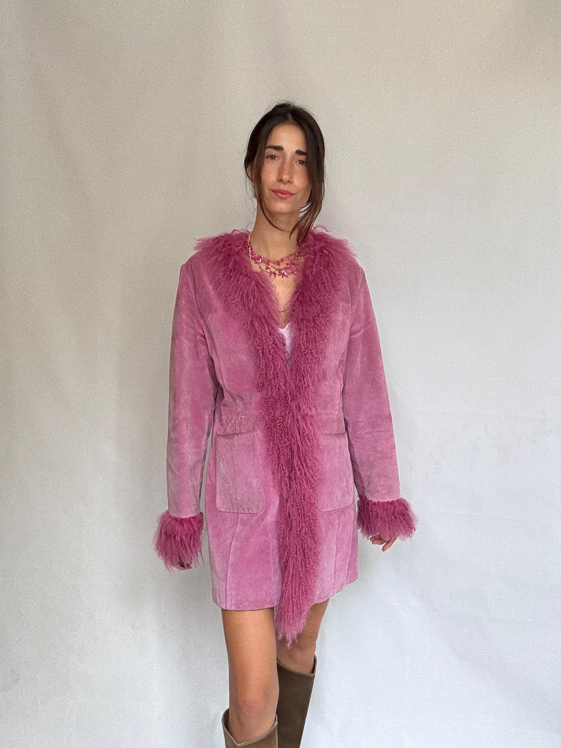 Vintage pink suede shearling coat, genuine leather, long silhouette, shaggy fur trim, retro 70s bold style, US XL, statement piece