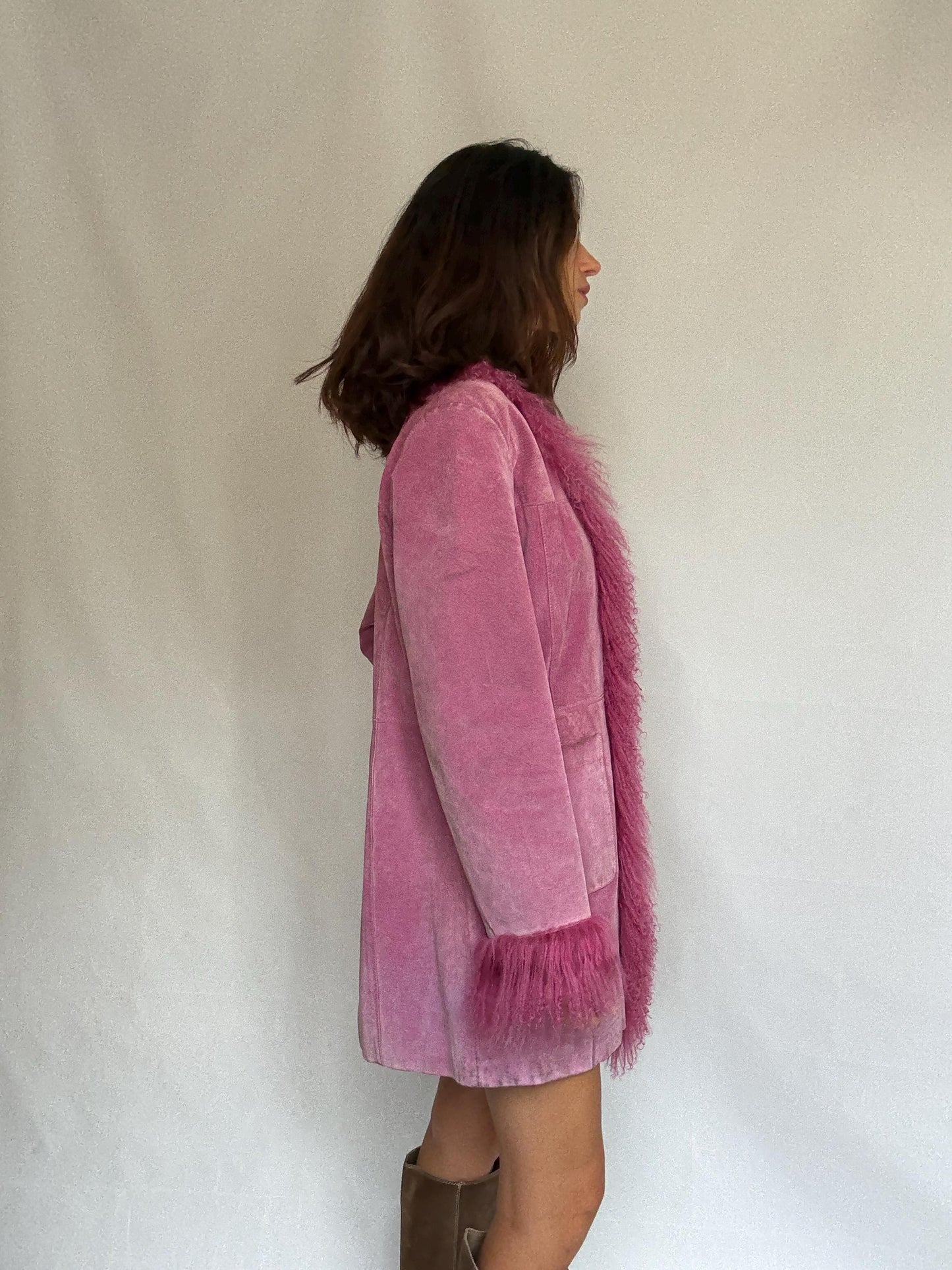Vintage pink suede shearling coat, genuine leather, long silhouette, shaggy fur trim, retro 70s bold style, US XL, statement piece