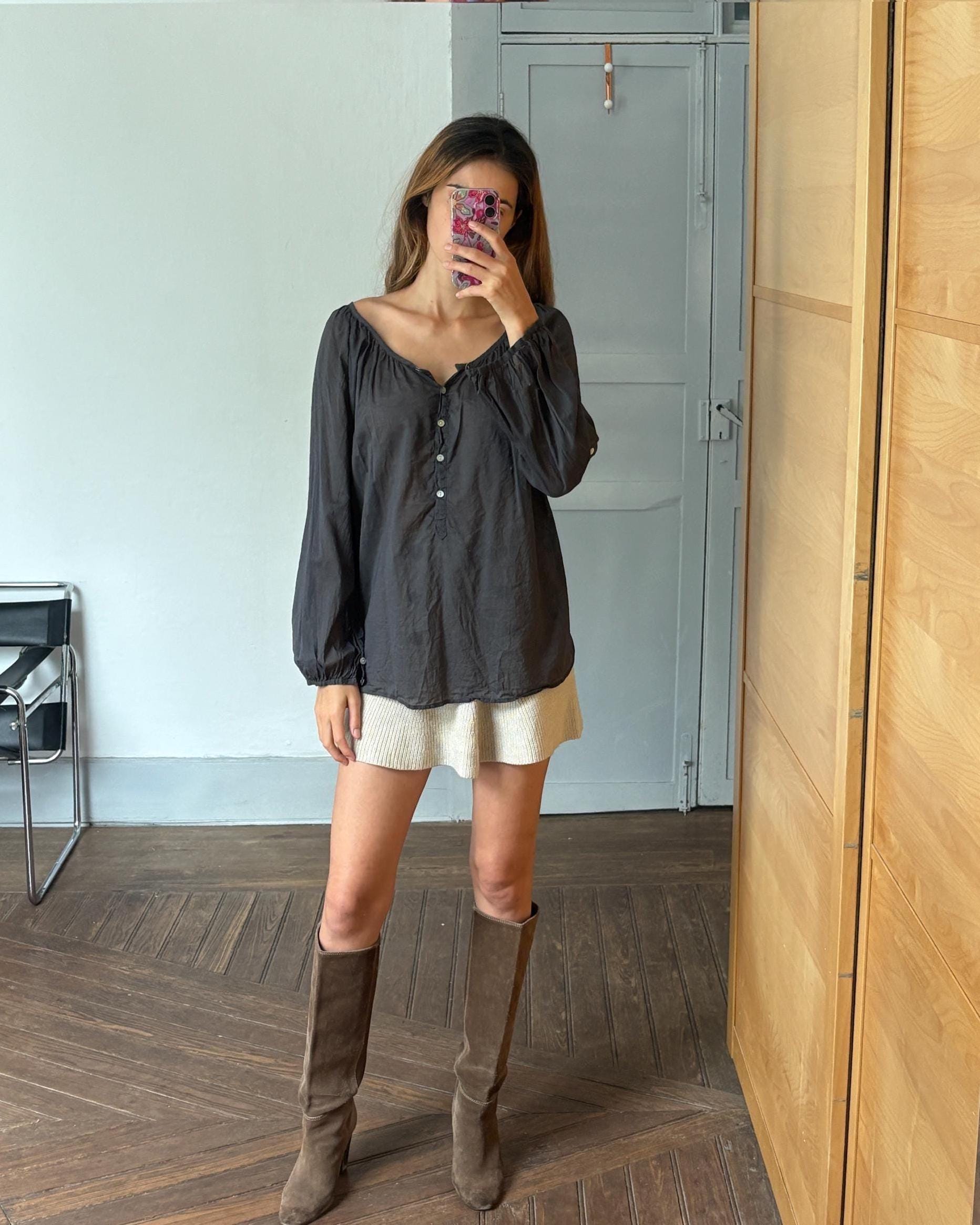 Grey sheer blouse, See through summer shirt with mother of pearl buttons, open neckline romantic holiday wear, US L, street style