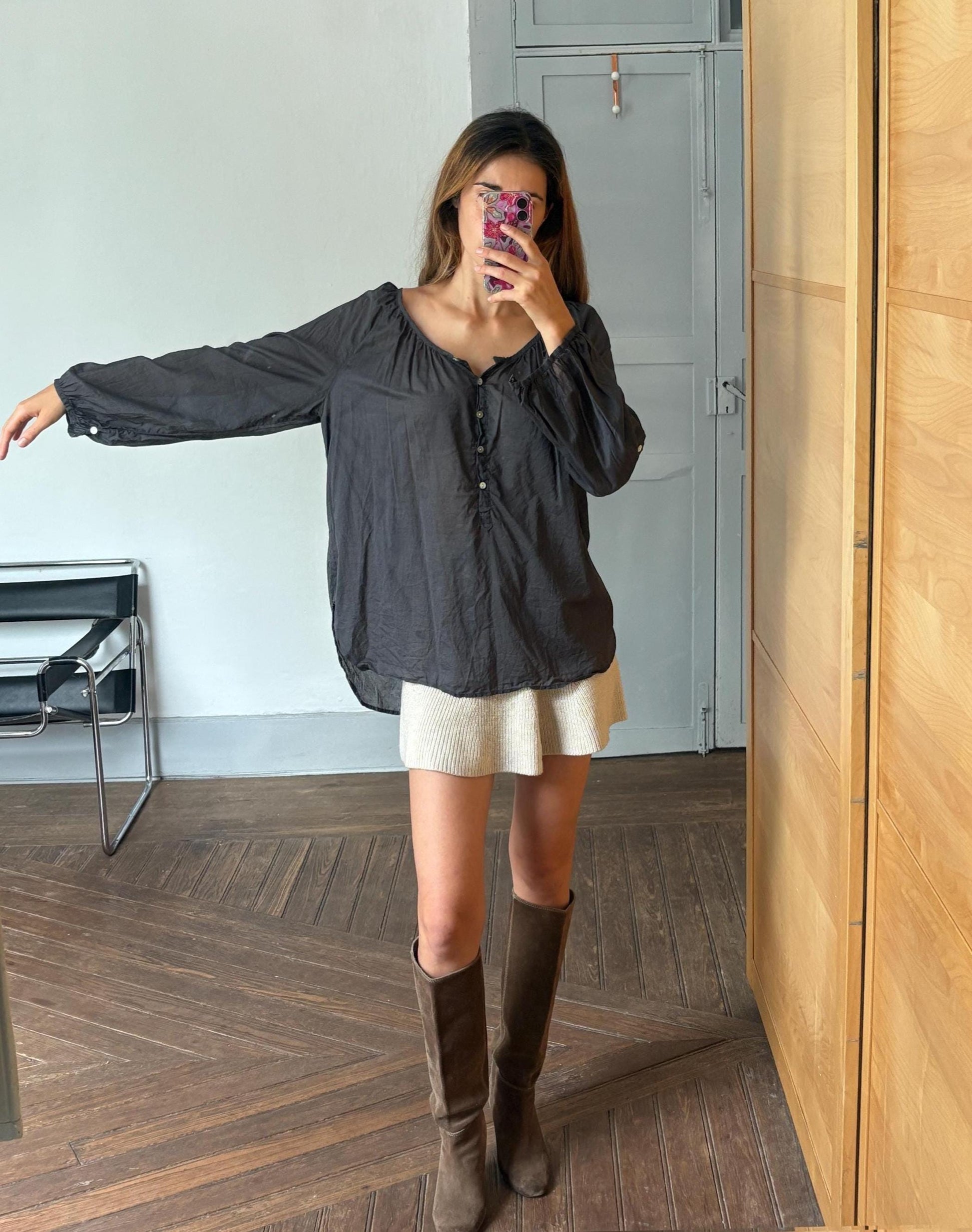 Grey sheer blouse, See through summer shirt with mother of pearl buttons, open neckline romantic holiday wear, US L, street style