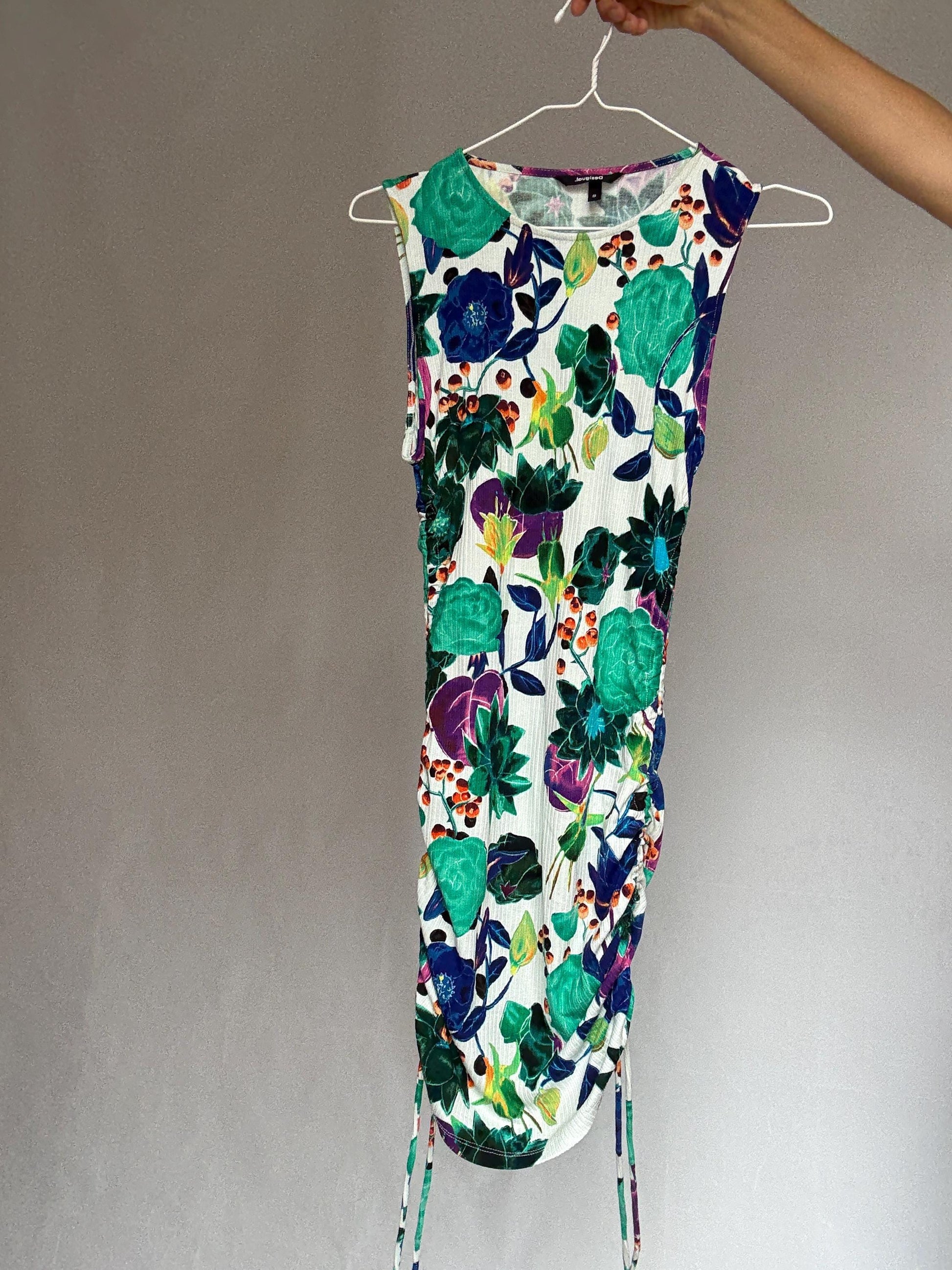 Desigual floral mini dress, feminine fitted silhouette, ribbed texture, adjustable drawstrings, retro 90s, US S, party streetwear