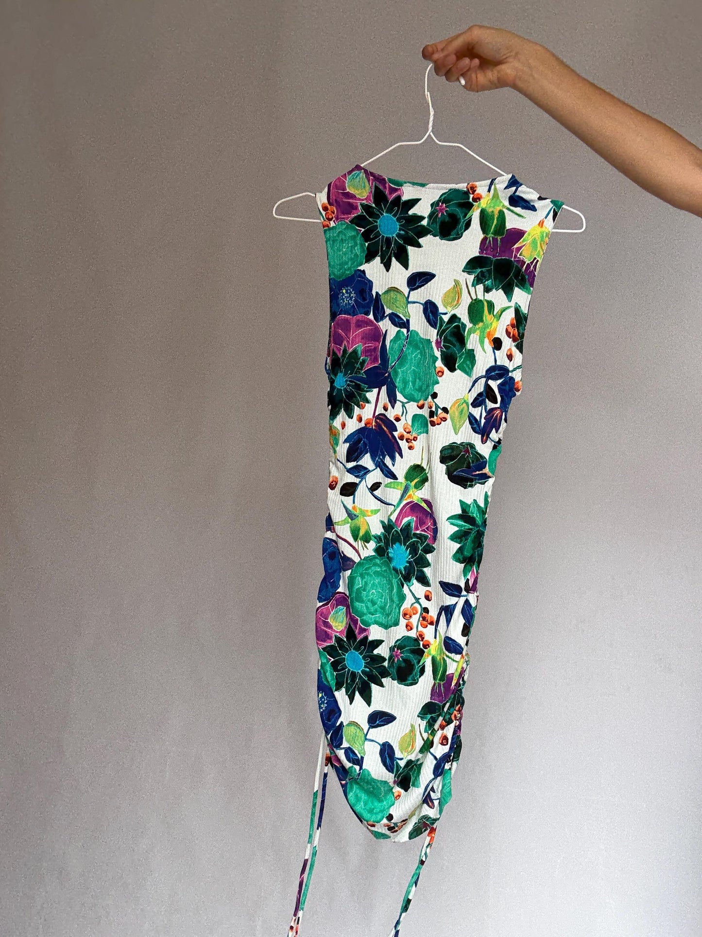 Desigual floral mini dress, feminine fitted silhouette, ribbed texture, adjustable drawstrings, retro 90s, US S, party streetwear