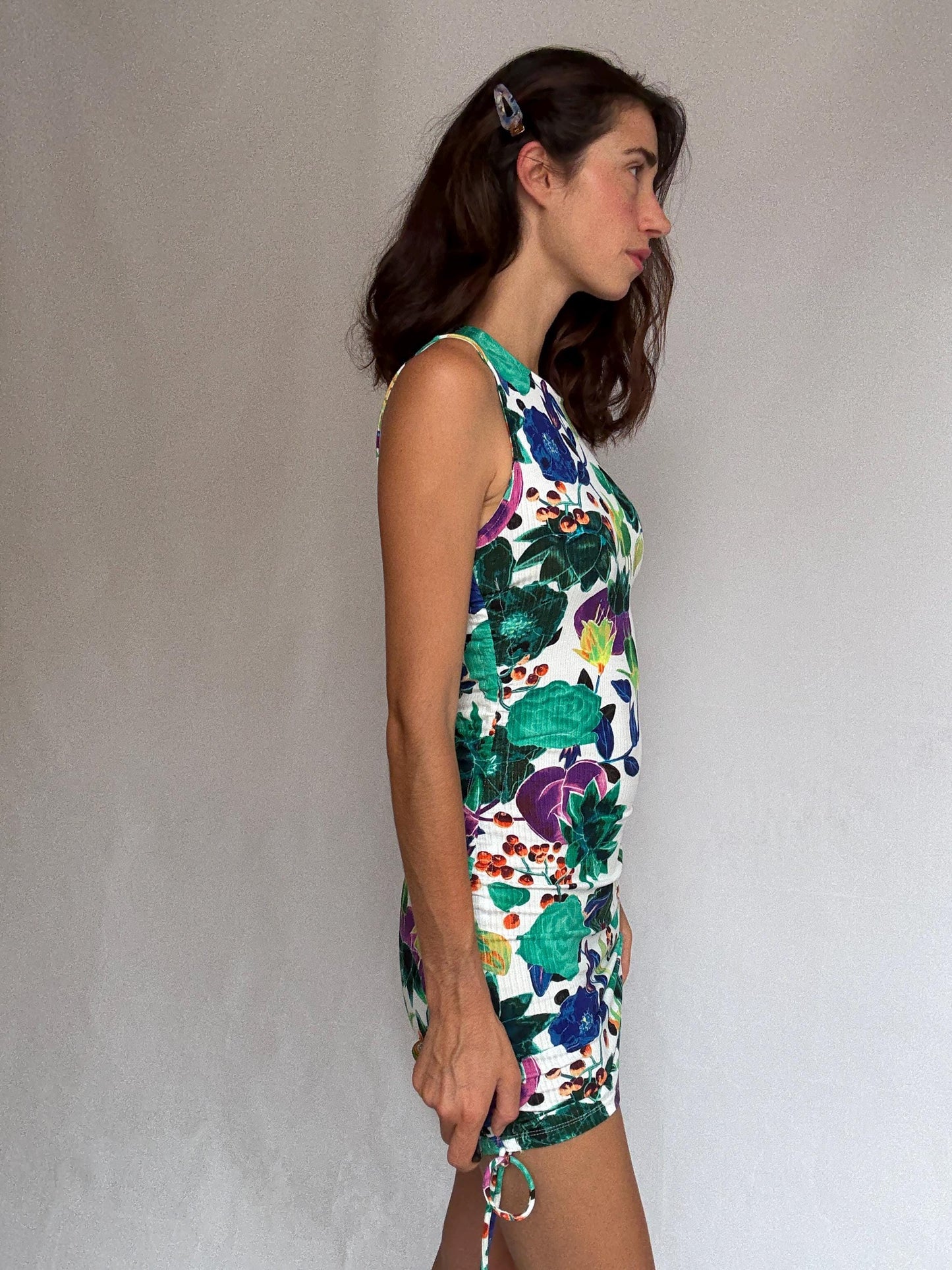Desigual floral mini dress, feminine fitted silhouette, ribbed texture, adjustable drawstrings, retro 90s, US S, party streetwear