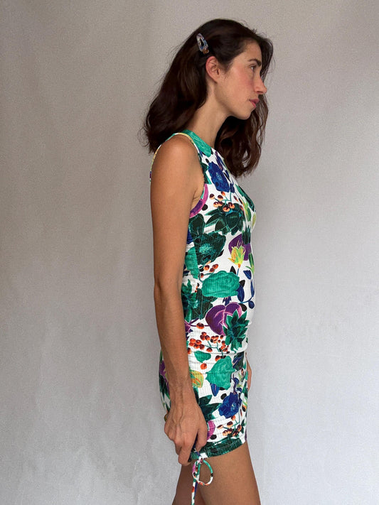 Desigual floral mini dress, feminine fitted silhouette, ribbed texture, adjustable drawstrings, retro 90s, US S, party streetwear