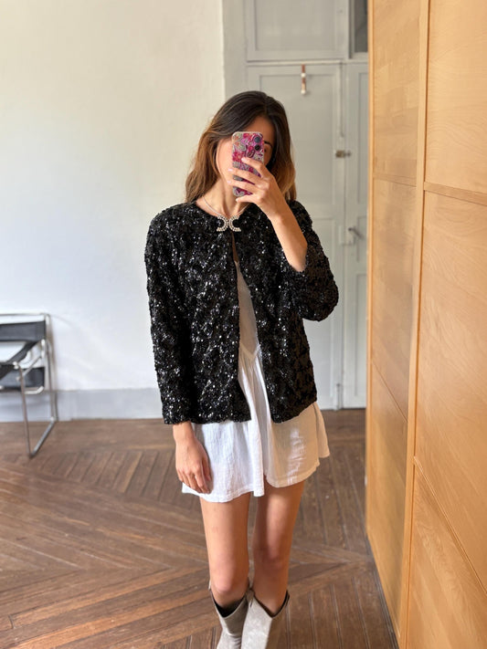 Vintage black sequin evening jacket with diamond bow clasp, Cropped sparkly party blazer, retro glam coquette aesthetic top