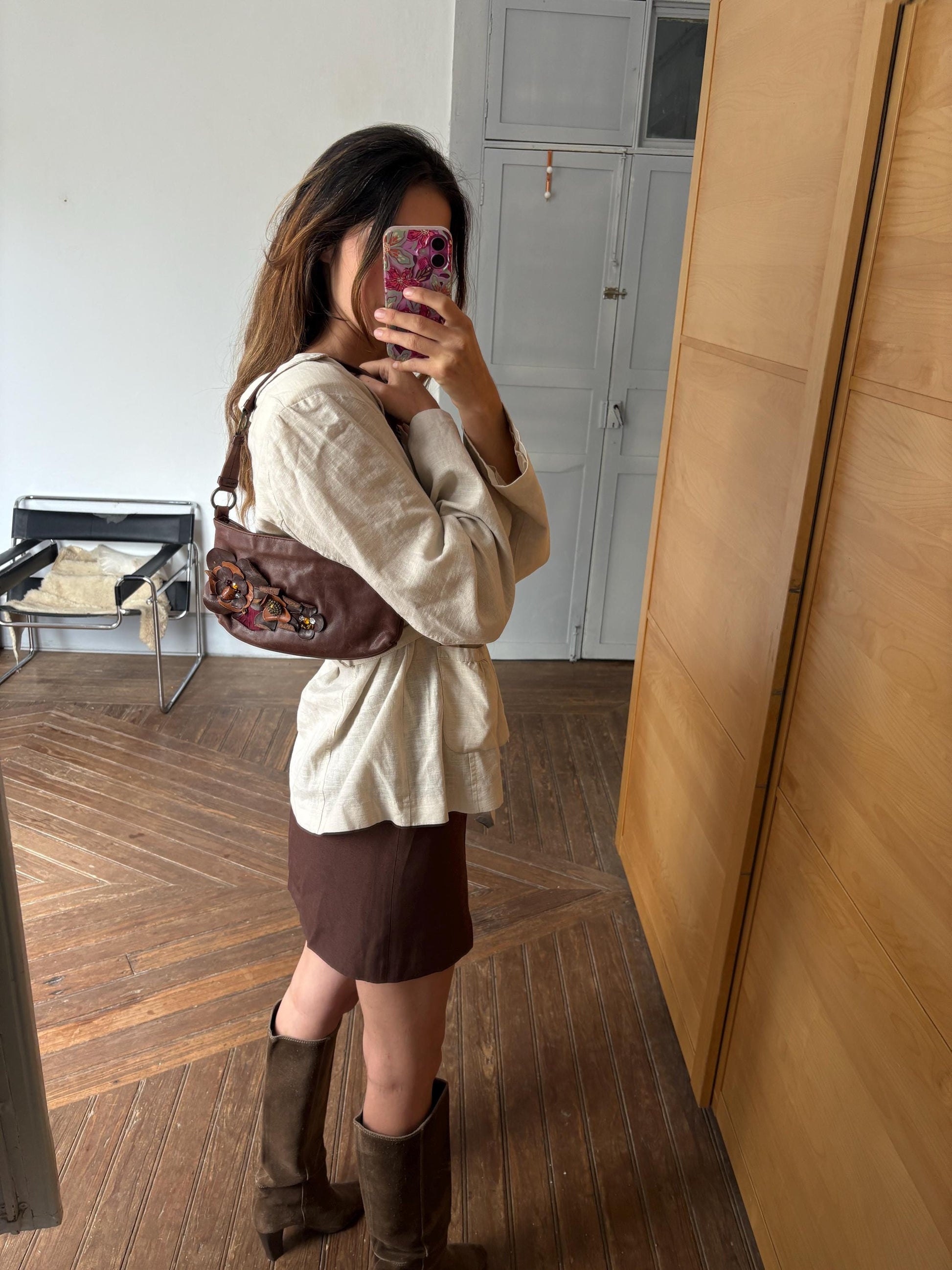 Vintage Massimo Dutti baguette bag, Genuine leather stylish woman purse, Cute tiny shoulder bag with flowers and beads