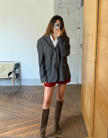 Classic Grey Herringbone Oversized Blazer