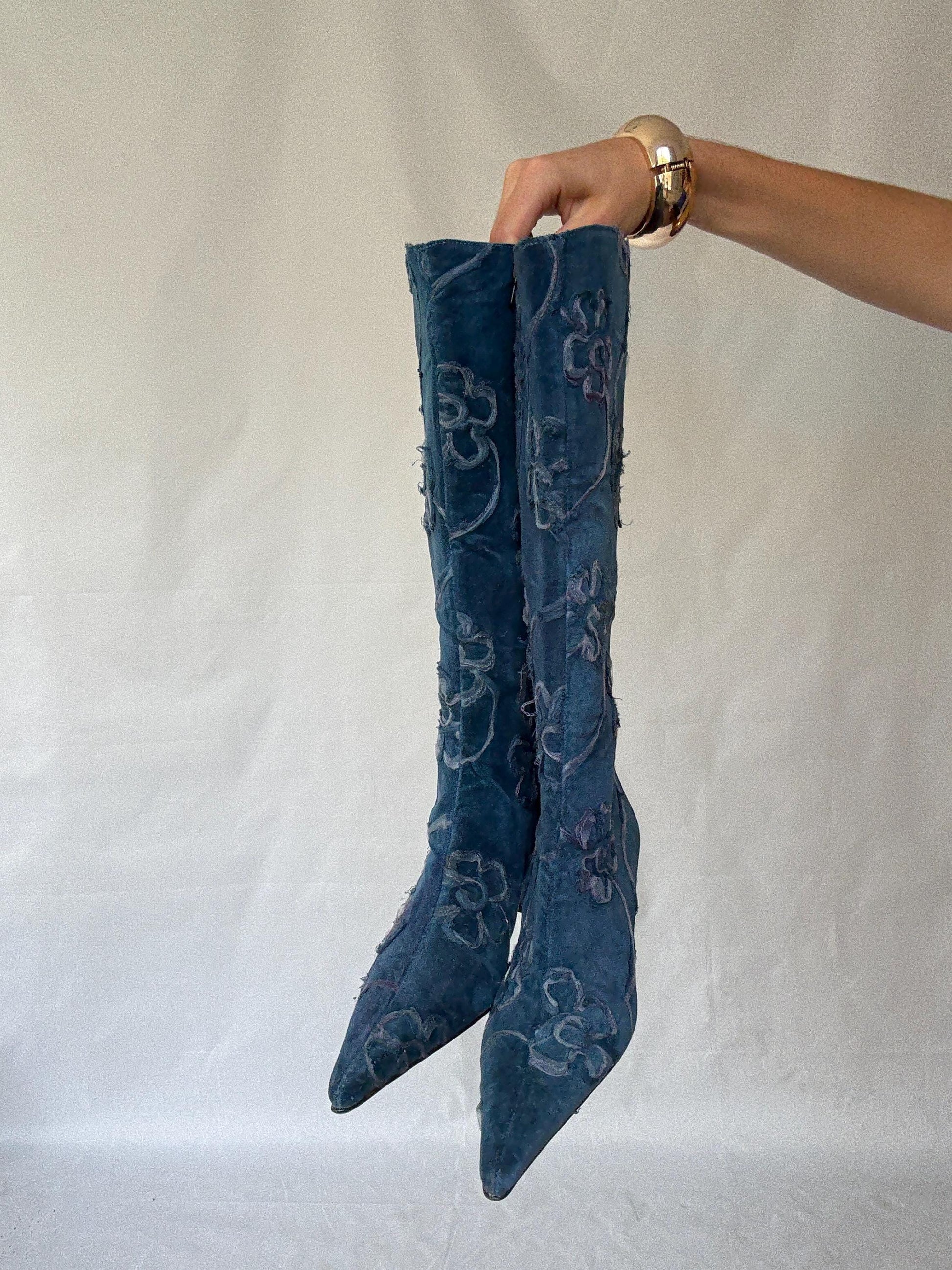 Vintage Maripaz Blue Floral Embroidered Boots with a Hint of Grunge Inspired by Boy George - US Size 9